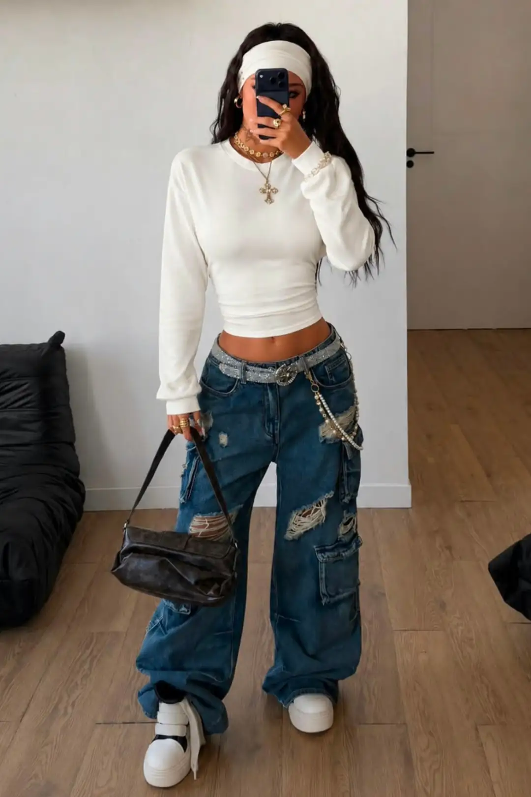Beyaz Melanj LOOC Corset Uzun Kollu Beli Büzgülü Bluz