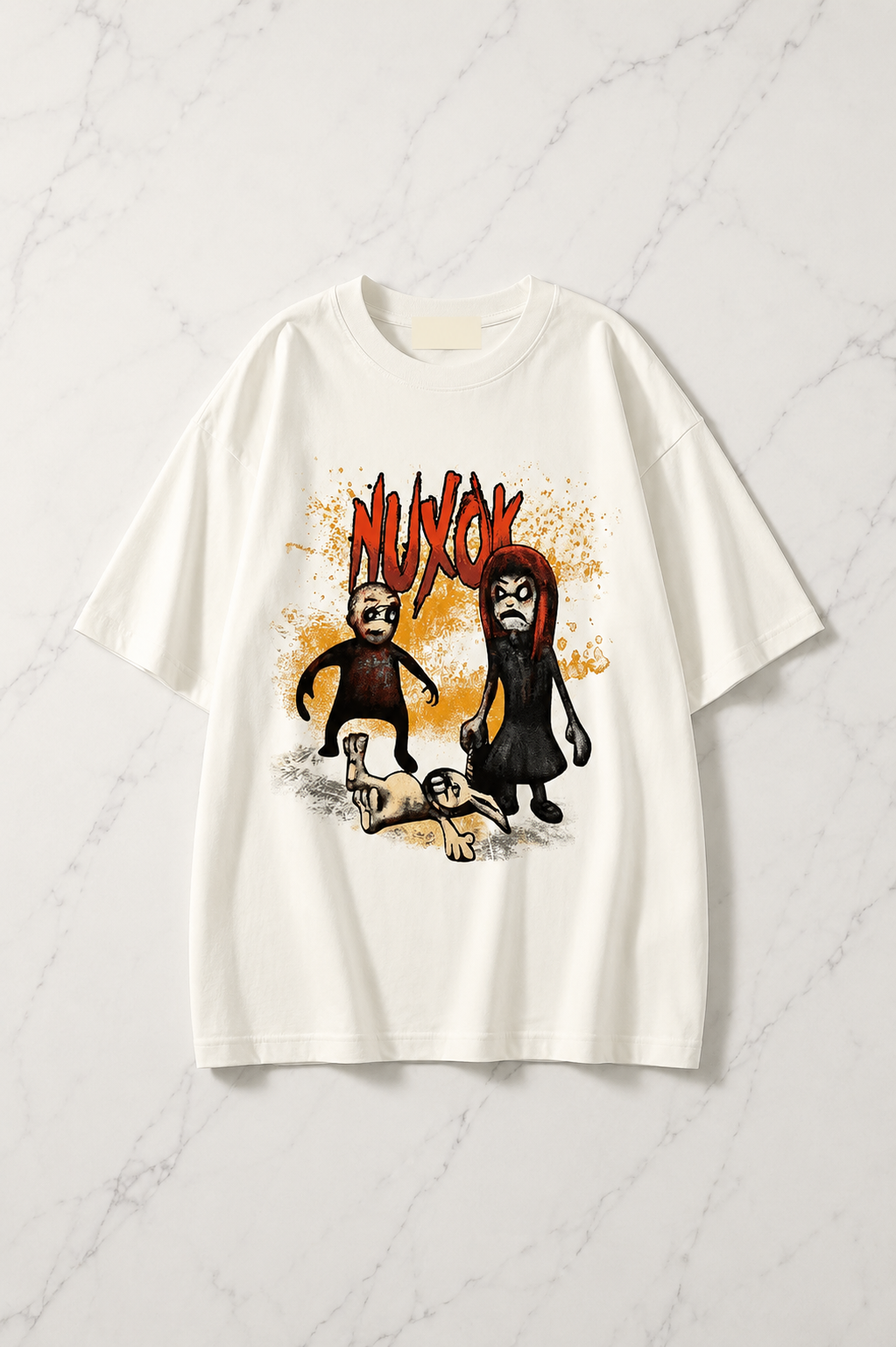 Beyaz Nuxok Baskılı Kısa Kol Oversize T-Shirt