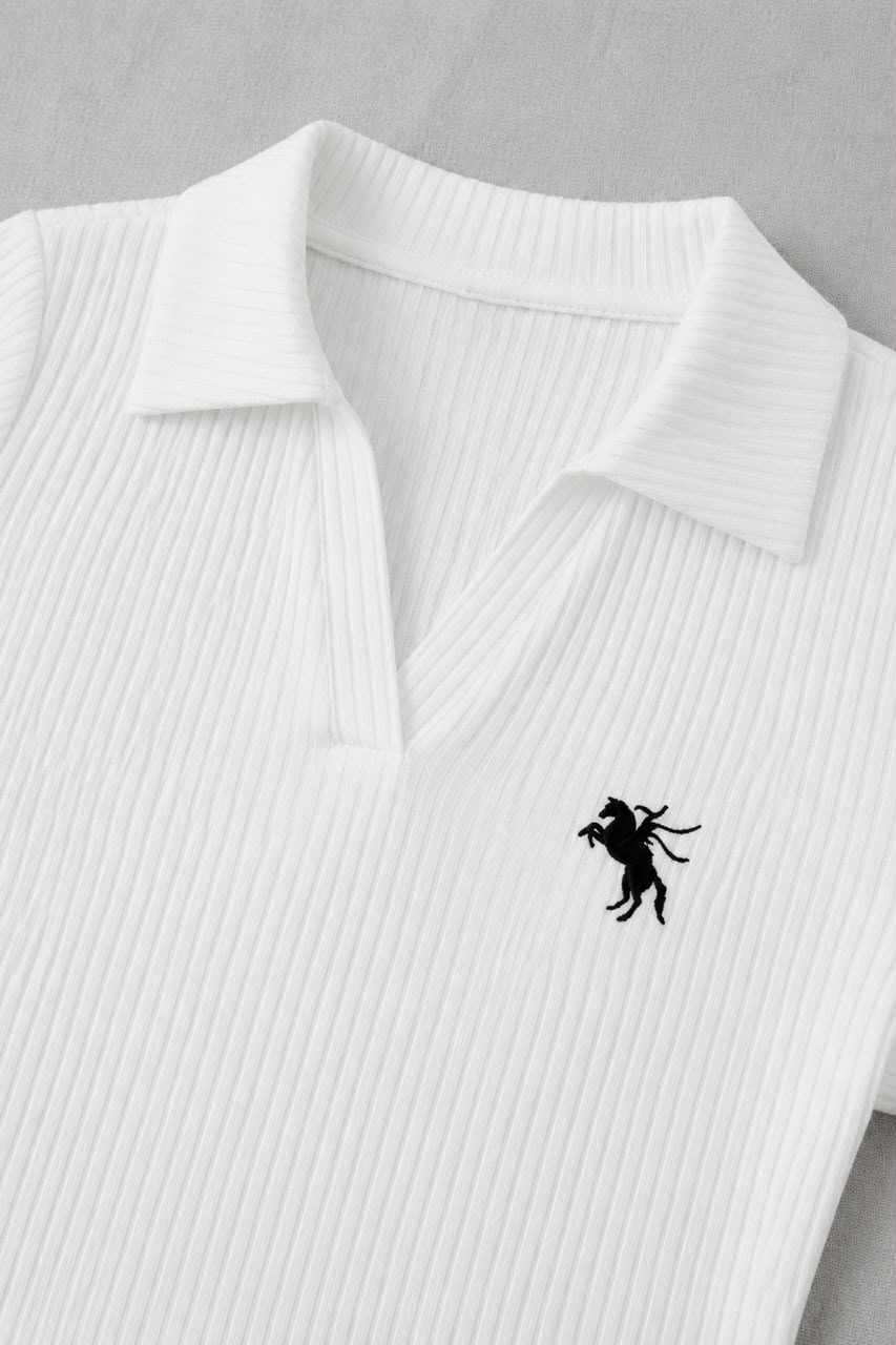 Beyaz Steed Polo Yaka Parmak Geçirme Detaylı Bluz