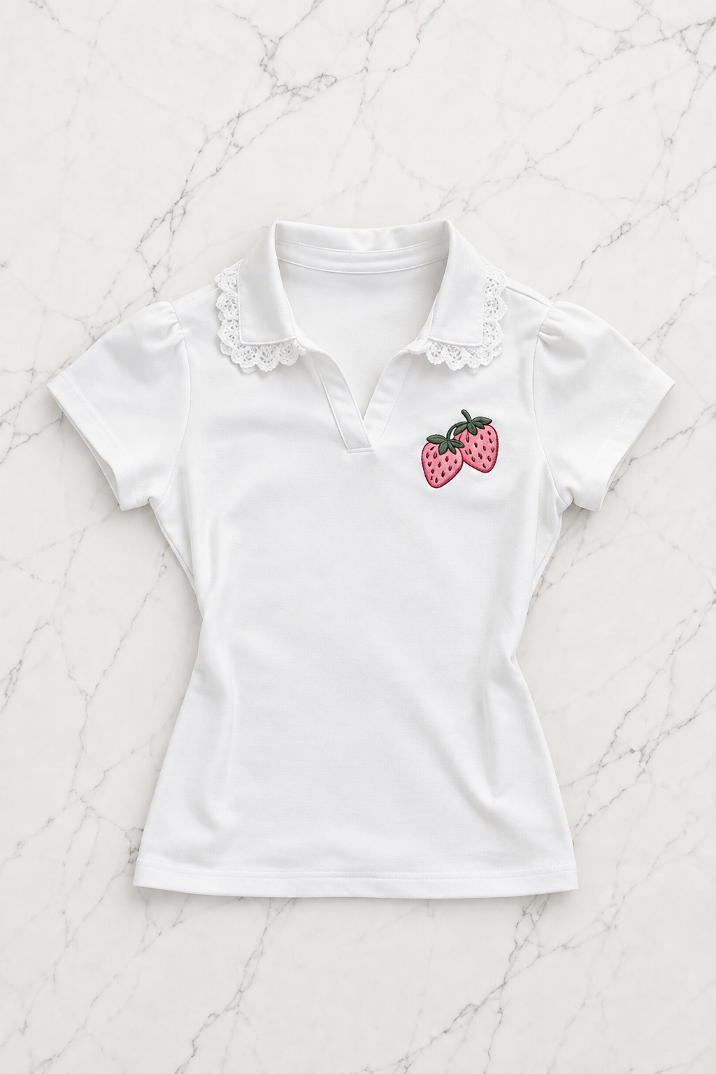 Beyaz Strawberry Dantel Yaka Detaylı Y2K Kısa Kollu Crop
