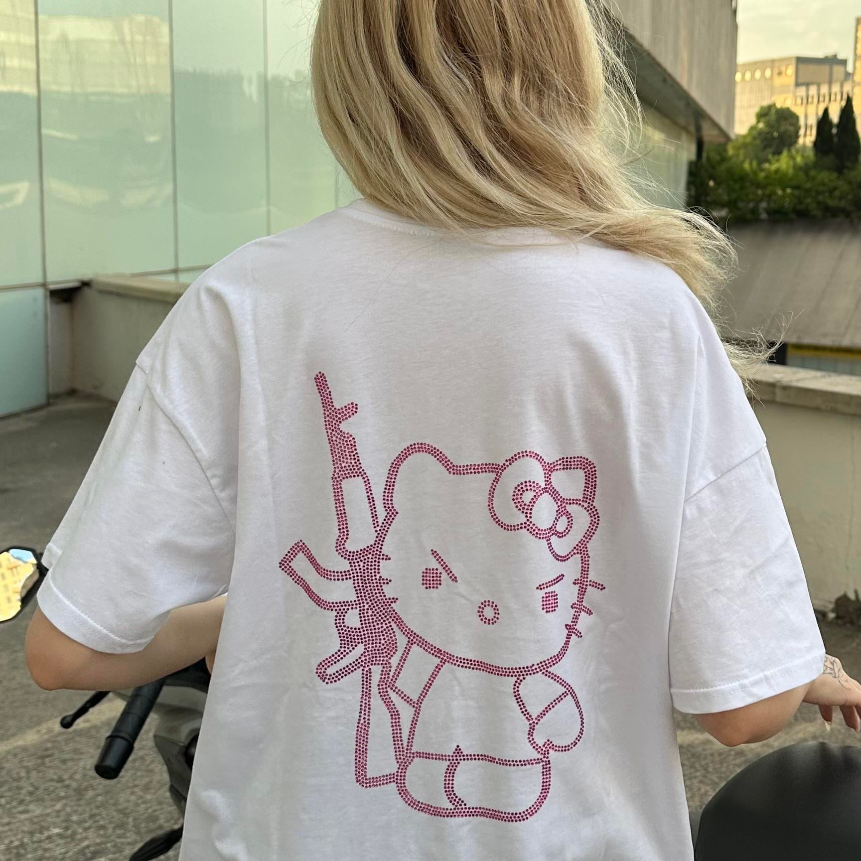 Beyaz Taşlı Hello Kitty Premium Oversize T-shirt