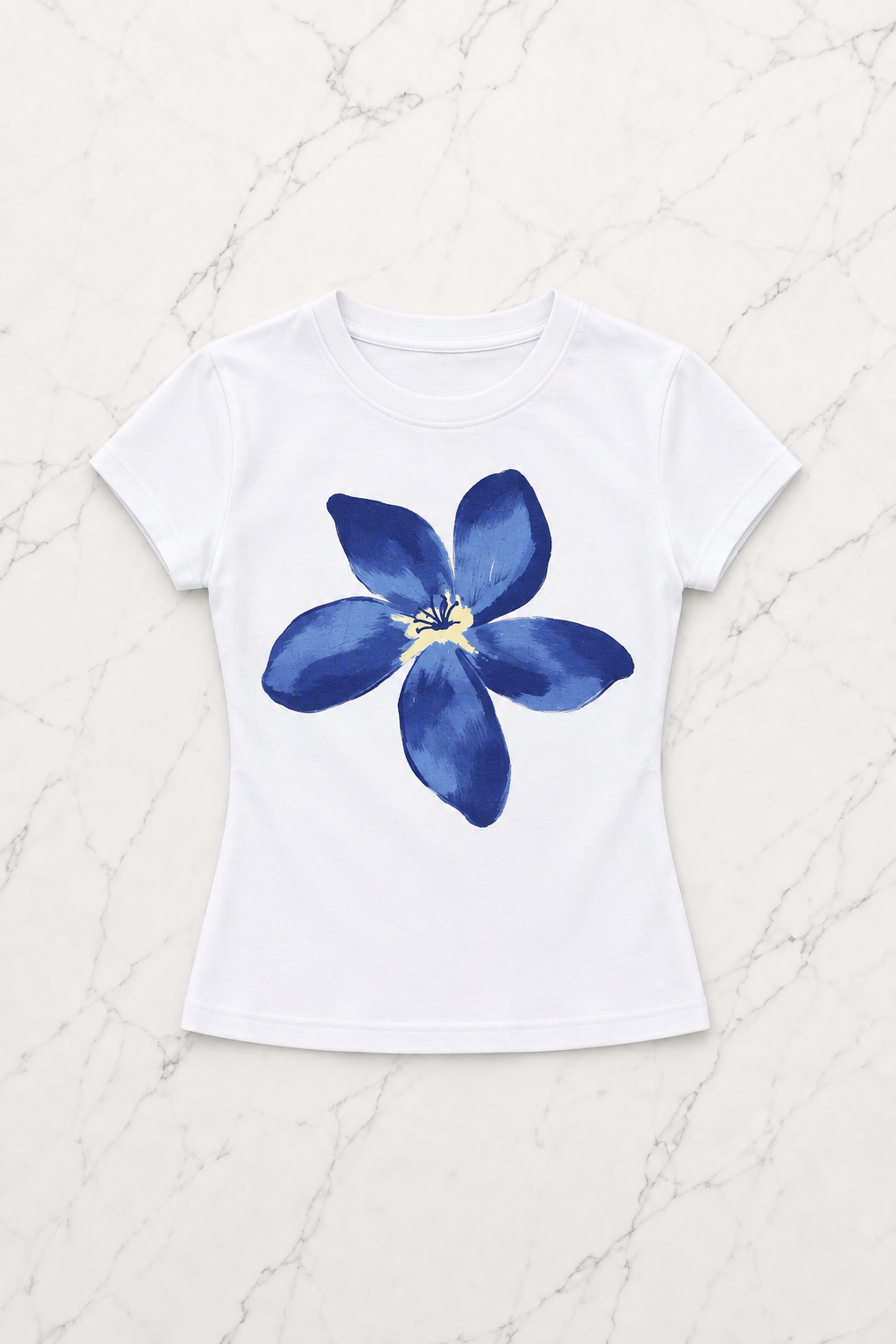 Beyaz Unisex Blue Floral Printed Kemer Boy Bluz