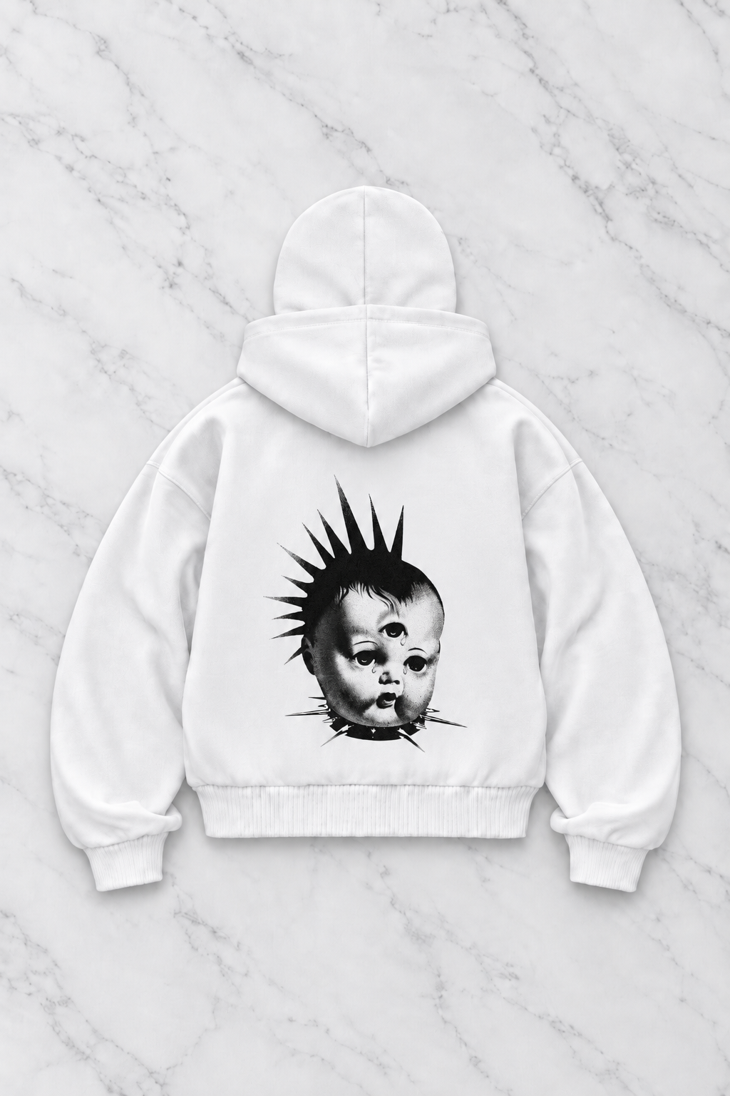 Beyaz Unisex Kar Maskeli Horror Baby Baskılı Oversize Hırka