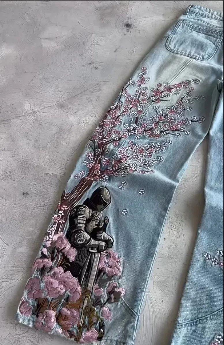 Blue Night Blossom Nakışlı Wide Leg Jean