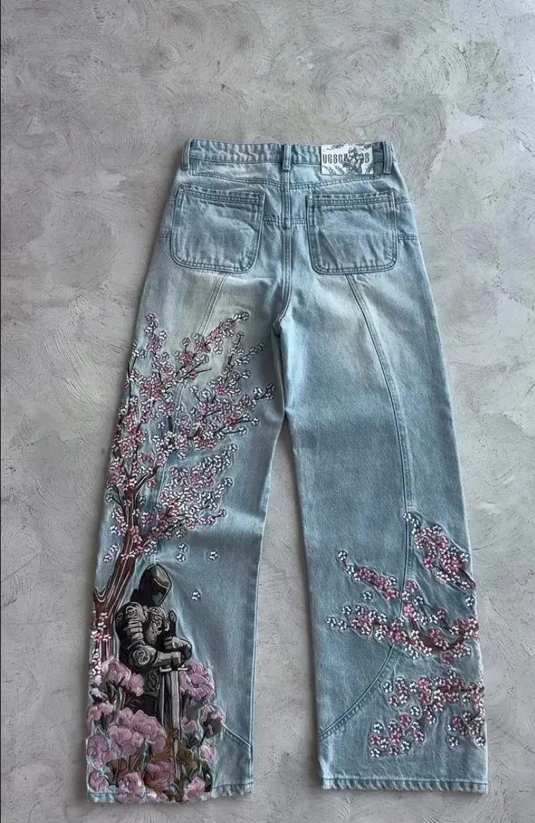 Blue Night Blossom Nakışlı Wide Leg Jean