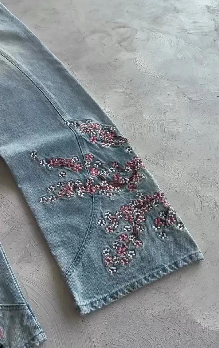 Blue Night Blossom Nakışlı Wide Leg Jean