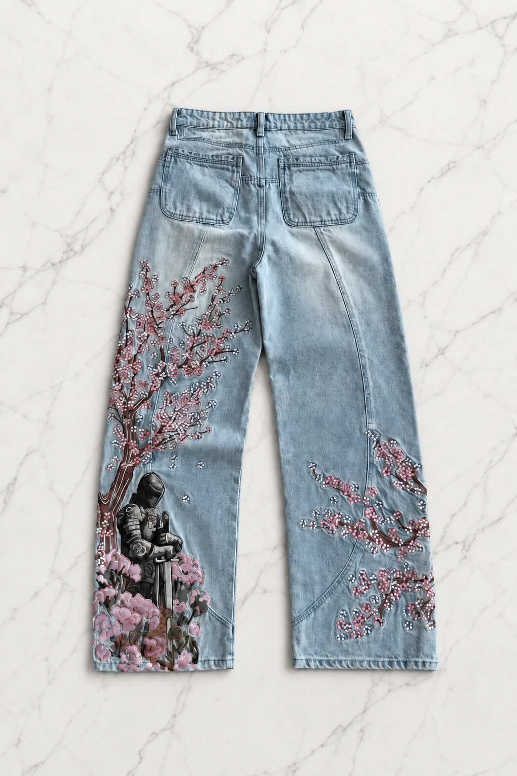 Blue Night Blossom Nakışlı Wide Leg Jean