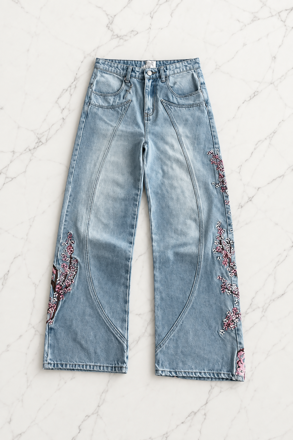 Blue Night Blossom Nakışlı Wide Leg Jean