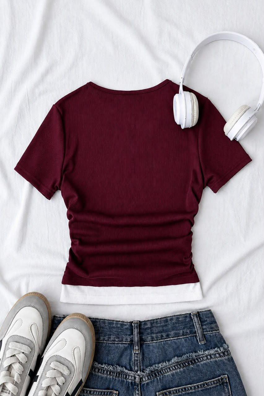 Bordo Chapter Parçalı Büzgülü Bluz