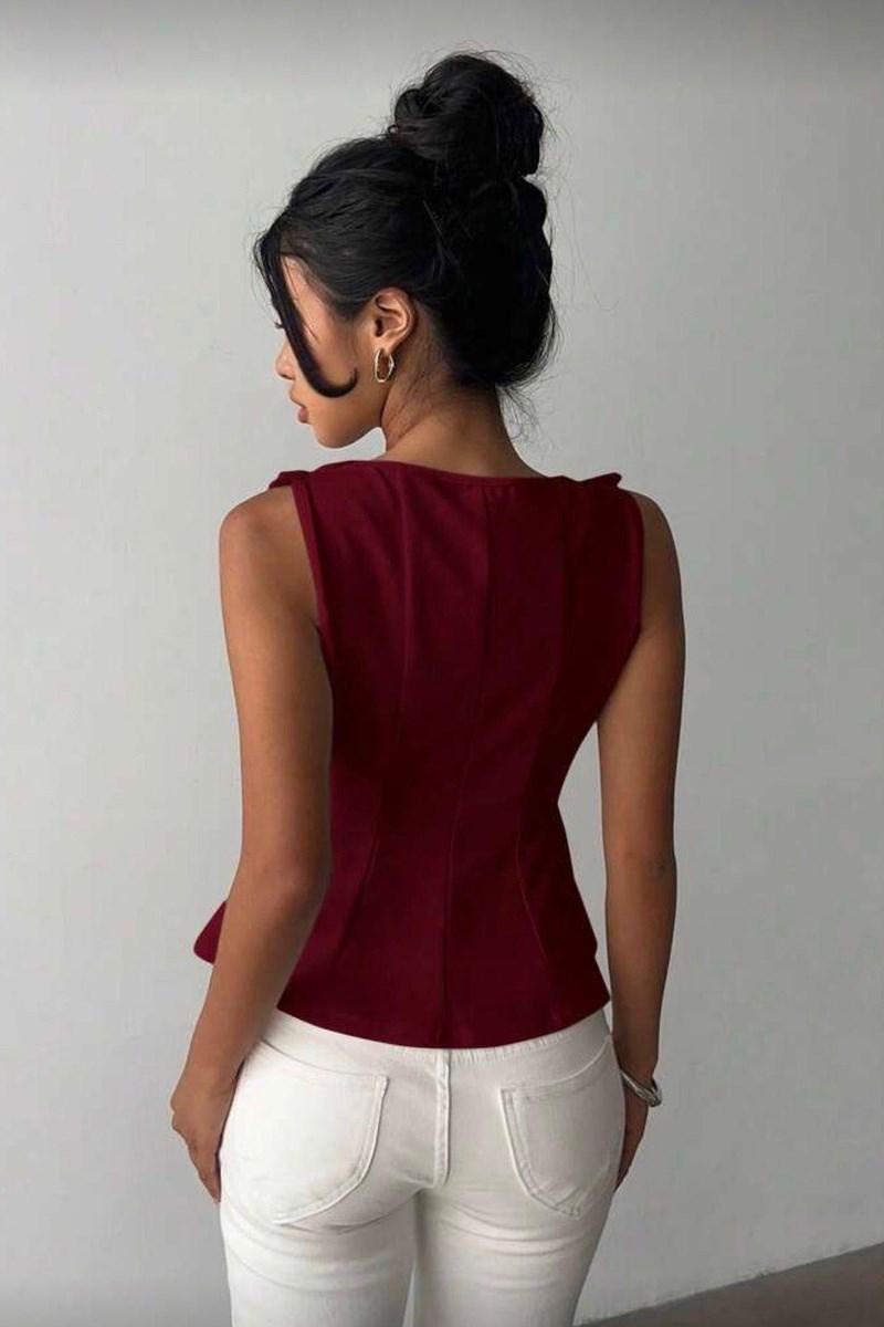 Bordo Fiyonk Detaylı Parçalı Bluz