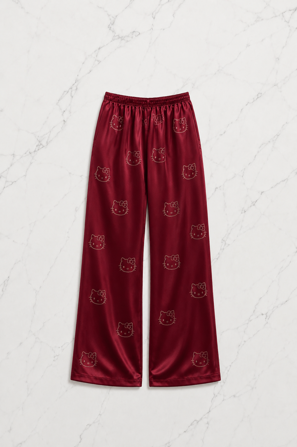 Bordo Hello Kitty Taş Detaylı Saten Homewear Pijama Takımı