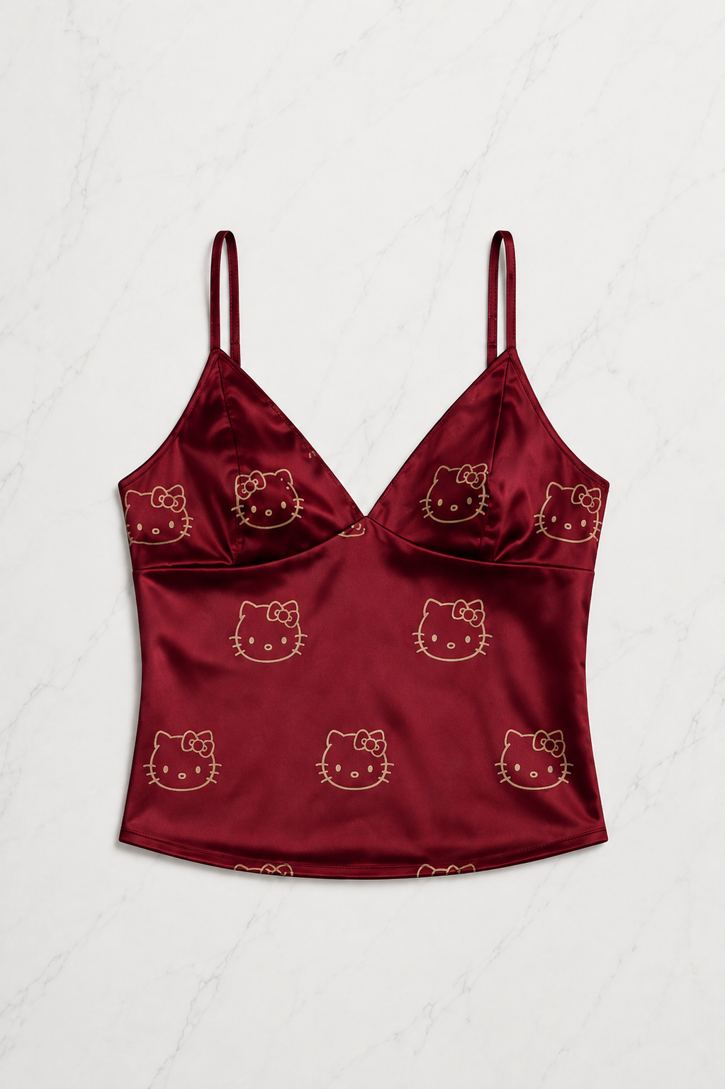 Bordo Hello Kitty Taş Detaylı Saten Homewear Pijama Takımı