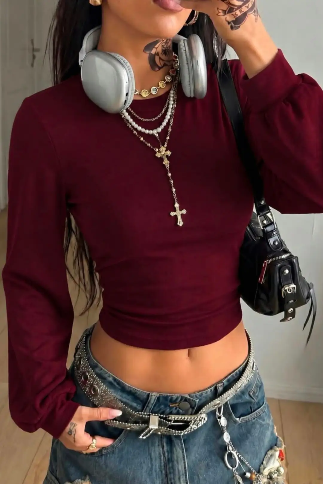 Bordo LOOC Corset Uzun Kollu Beli Büzgülü Bluz