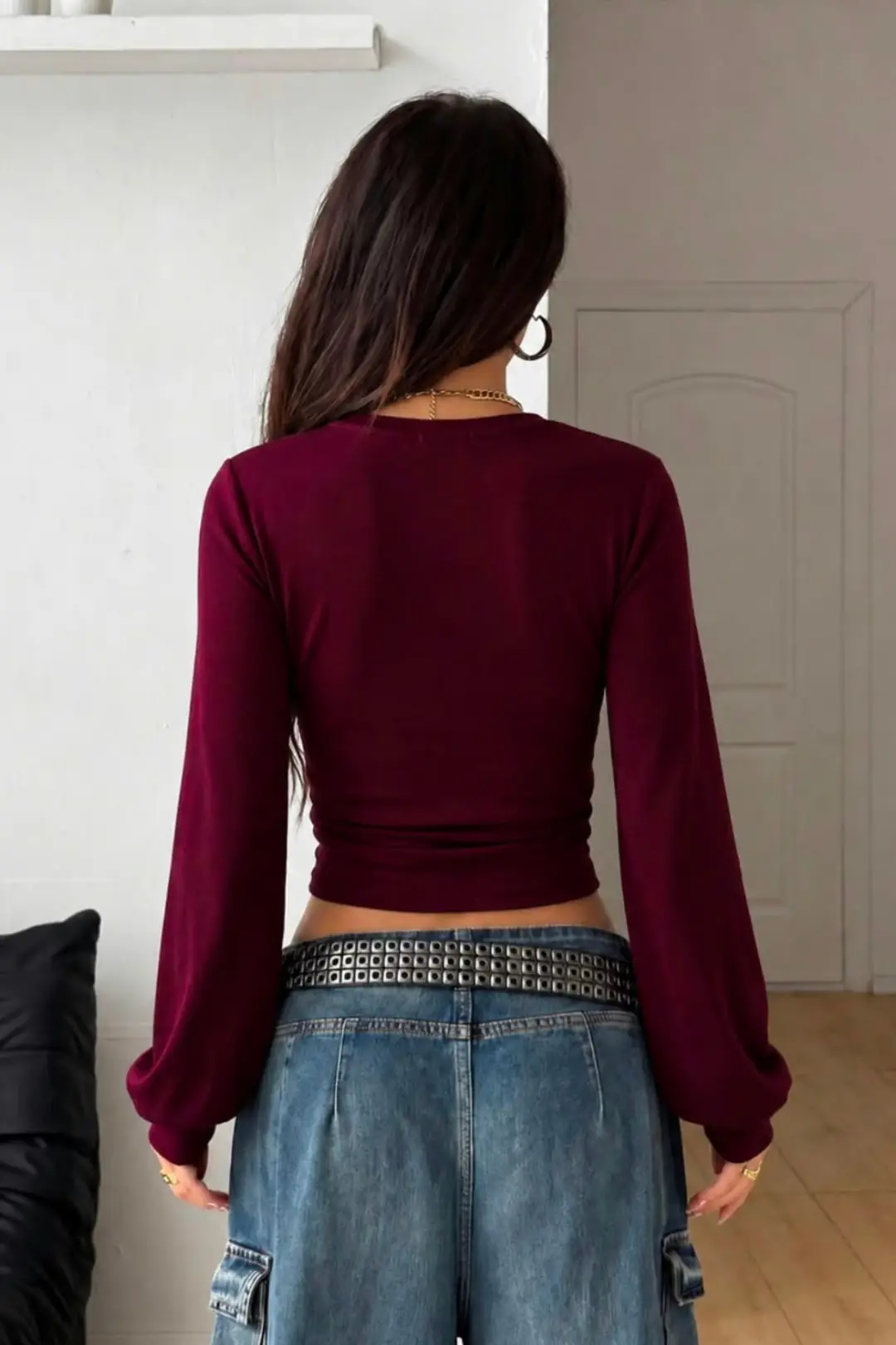 Bordo LOOC Corset Uzun Kollu Beli Büzgülü Bluz