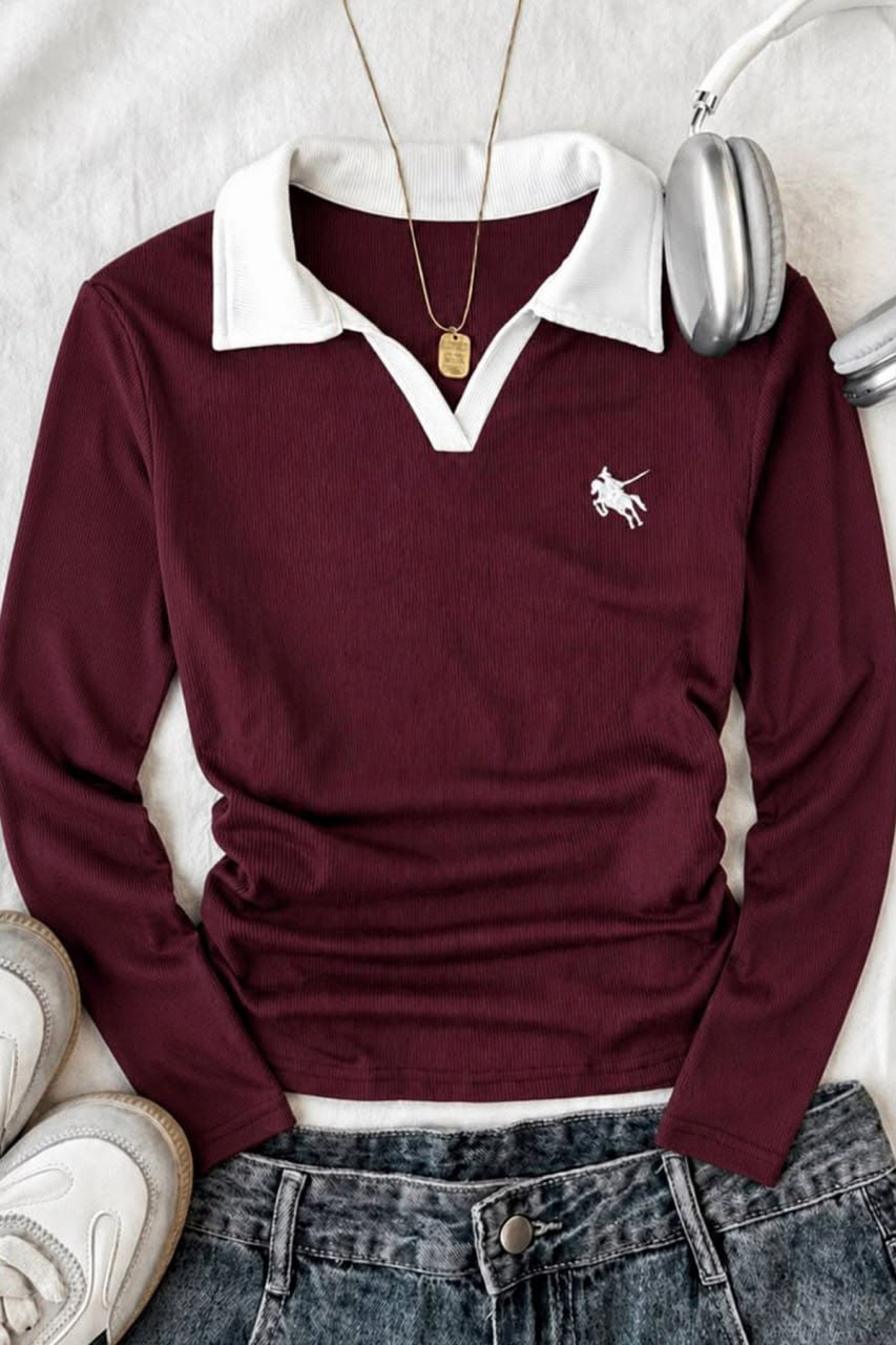 Bordo Olos Polo Yaka Nakışlı Büzgülü Uzun Kollu Bluz