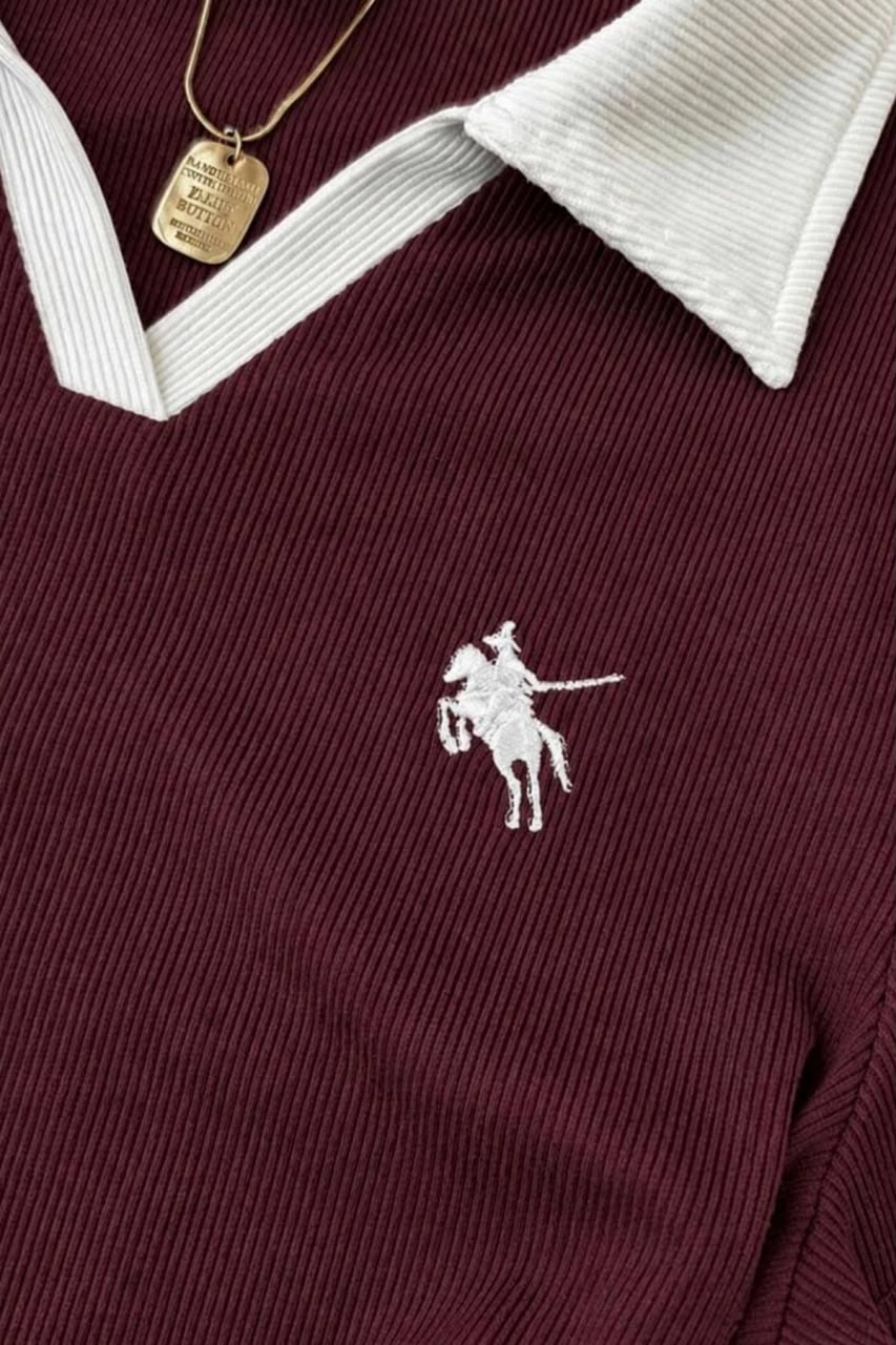 Bordo Olos Polo Yaka Nakışlı Büzgülü Uzun Kollu Bluz