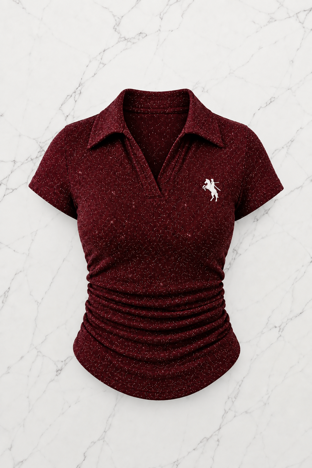 Bordo Simli Polo Yaka Büzgülü Bluz