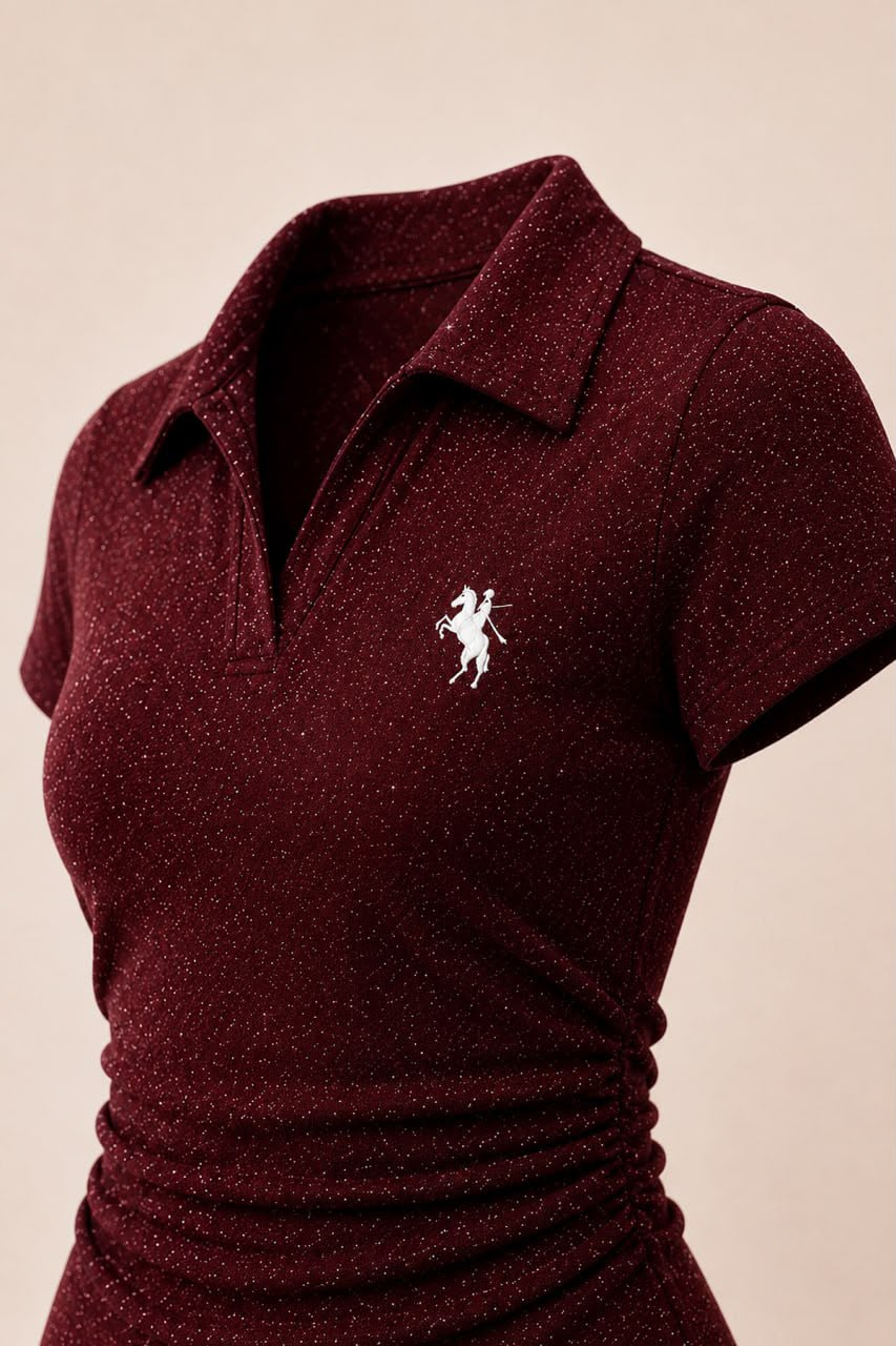 Bordo Simli Polo Yaka Büzgülü Bluz