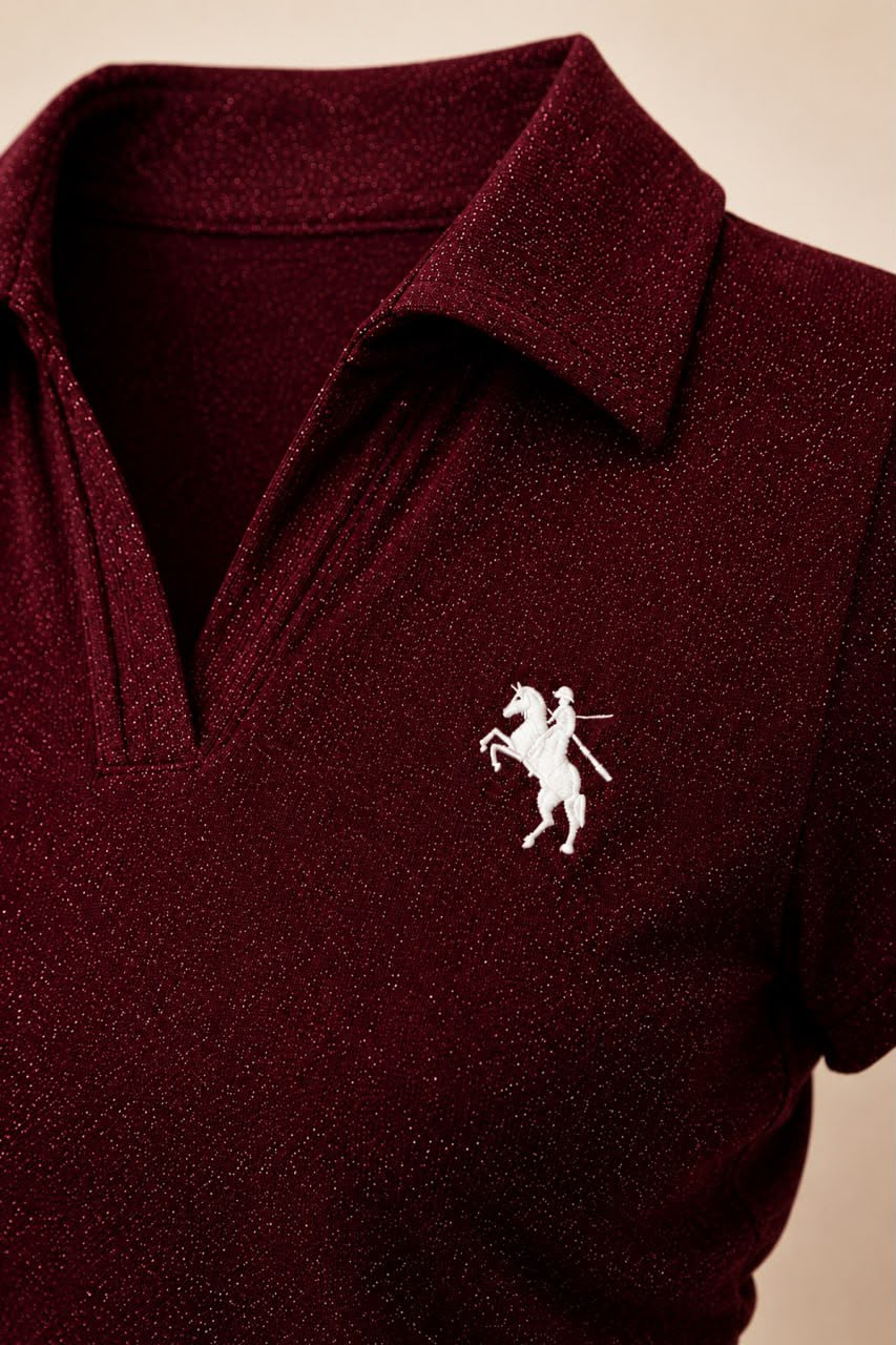 Bordo Simli Polo Yaka Büzgülü Bluz