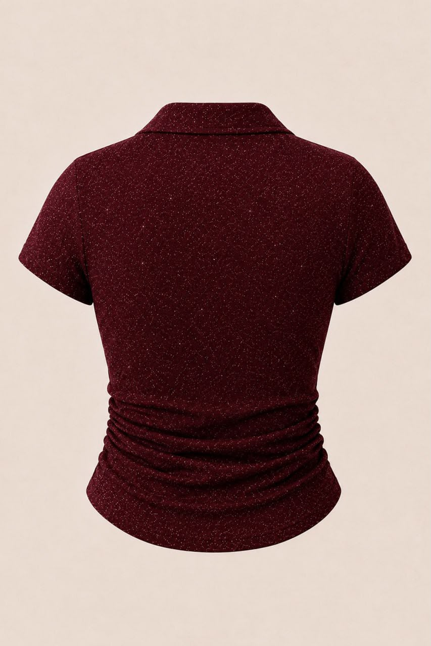 Bordo Simli Polo Yaka Büzgülü Bluz