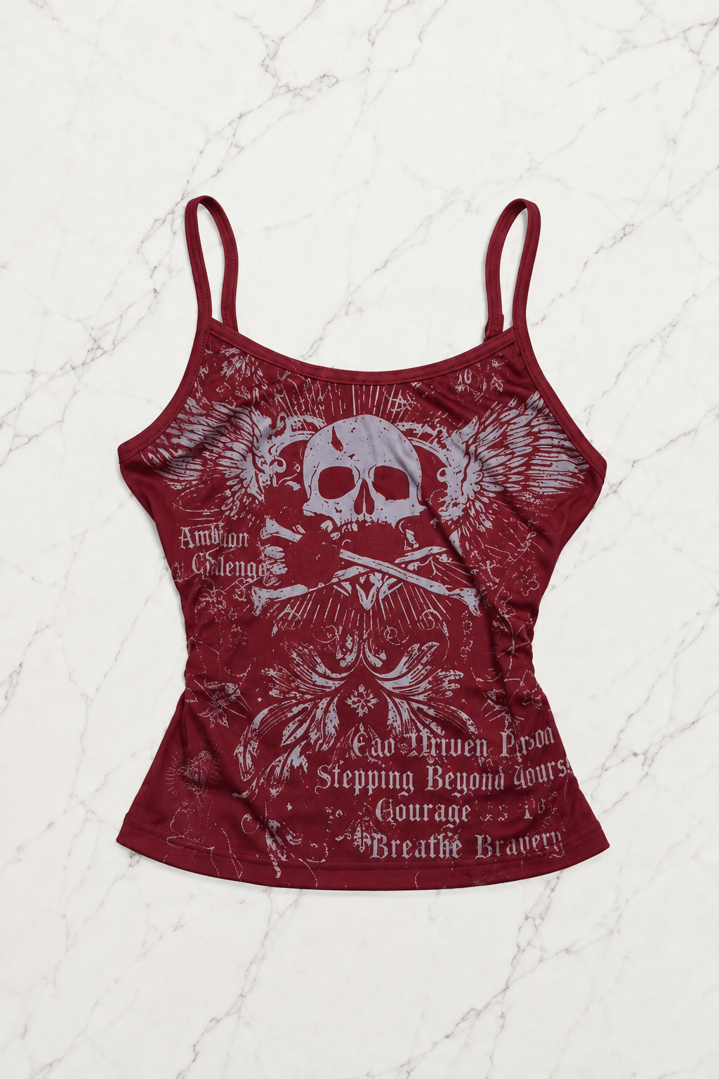 Bordo Skull Ambition Gotik Rose Y2K Askılı Crop