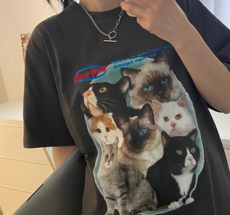 Cat Five Detaylı Oversize Unisex Siyah T-shirt