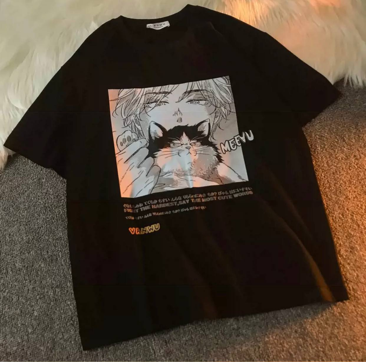 Cat is Anime Detaylı Oversize Unisex Siyah T-shirt