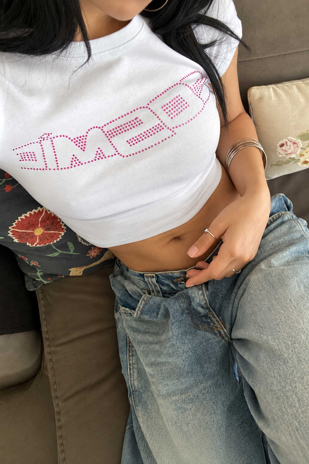 Cosmic Pembe Taş Baskılı Crop
