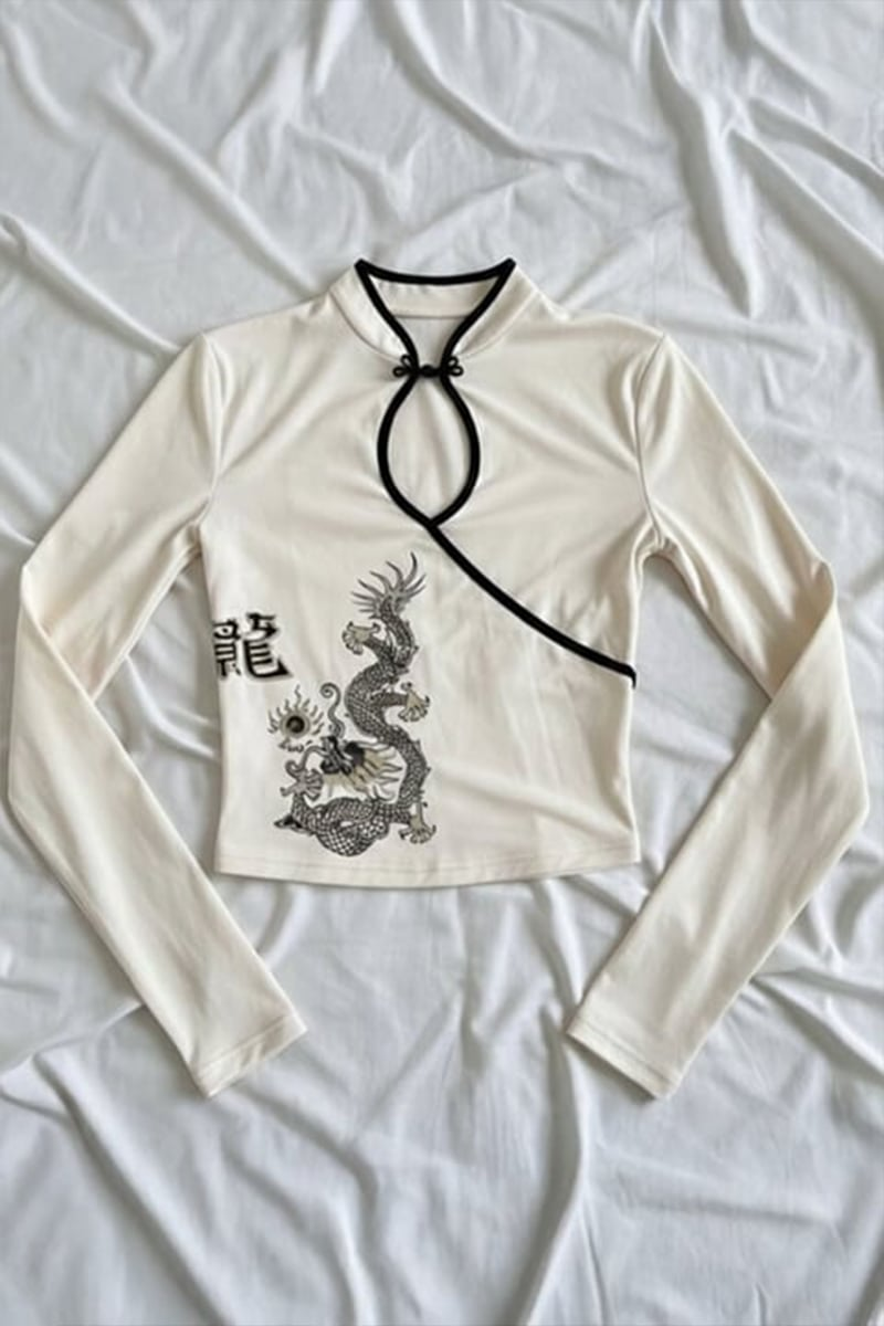 Ekru Mandarin Yaka Ejderha Motifli Vintage Y2K Uzun Kollu Crop