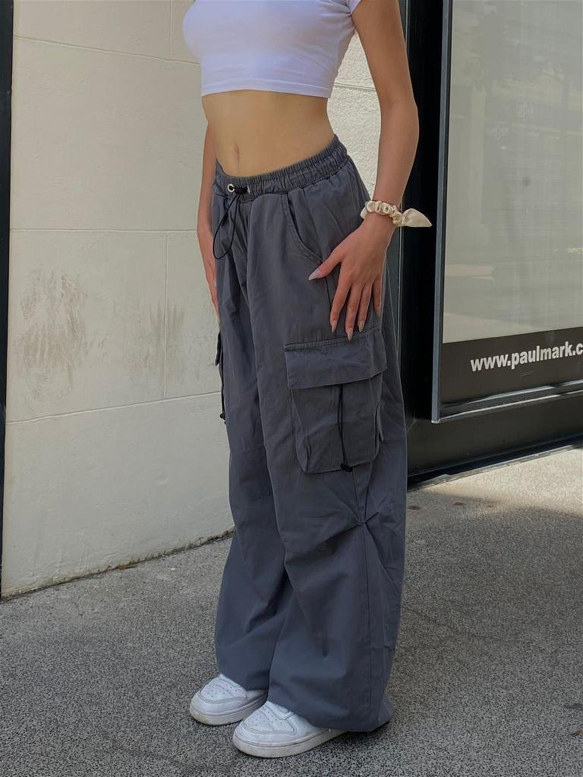 Extra Baggy Kargo Cepli Tactical Paraşüt Kumaş Bol Paça Füme Renk Pantolon