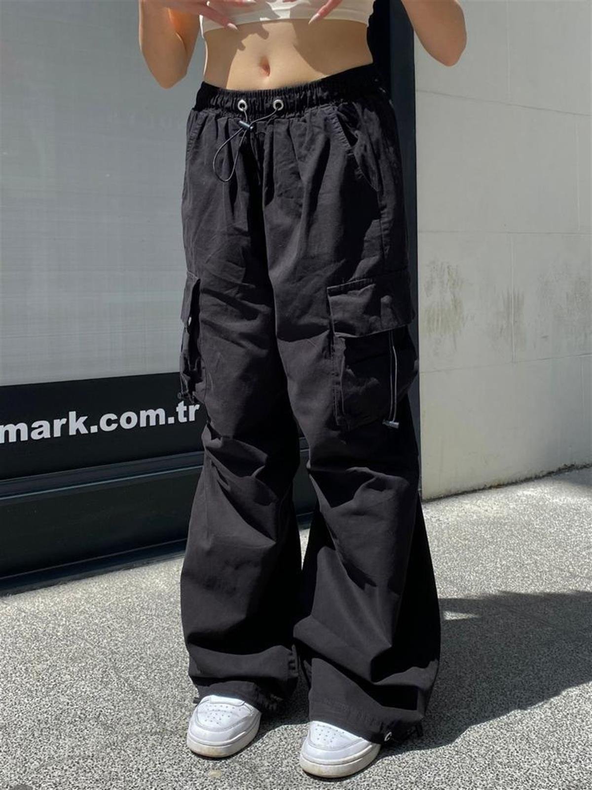 Extra Baggy Kargo Cepli Tactical Paraşüt Kumaş Bol Paça Füme Renk Pantolon