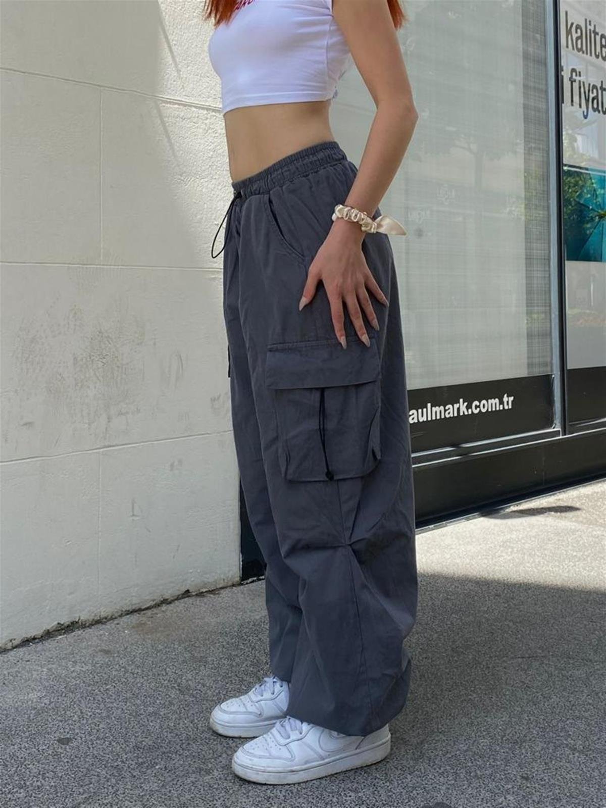 Extra Baggy Kargo Cepli Tactical Paraşüt Kumaş Bol Paça Füme Renk Pantolon