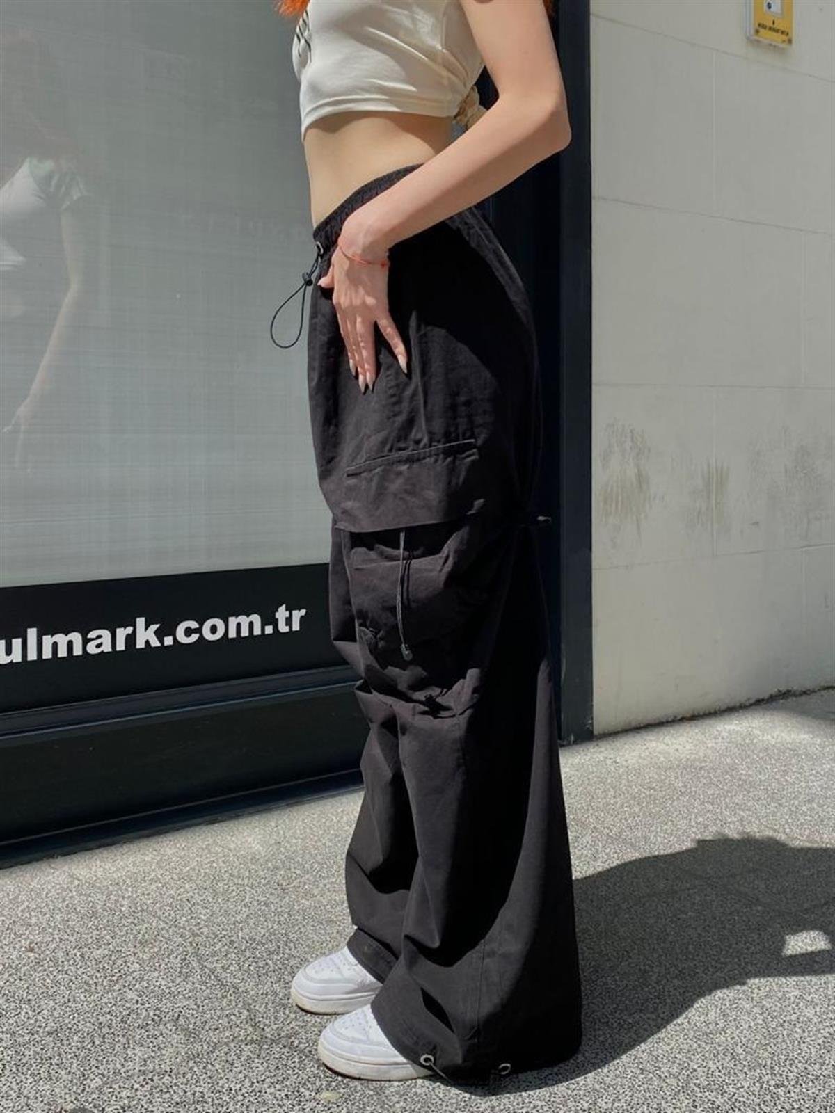 Extra Baggy Kargo Cepli Tactical Paraşüt Kumaş Bol Paça Füme Renk Pantolon