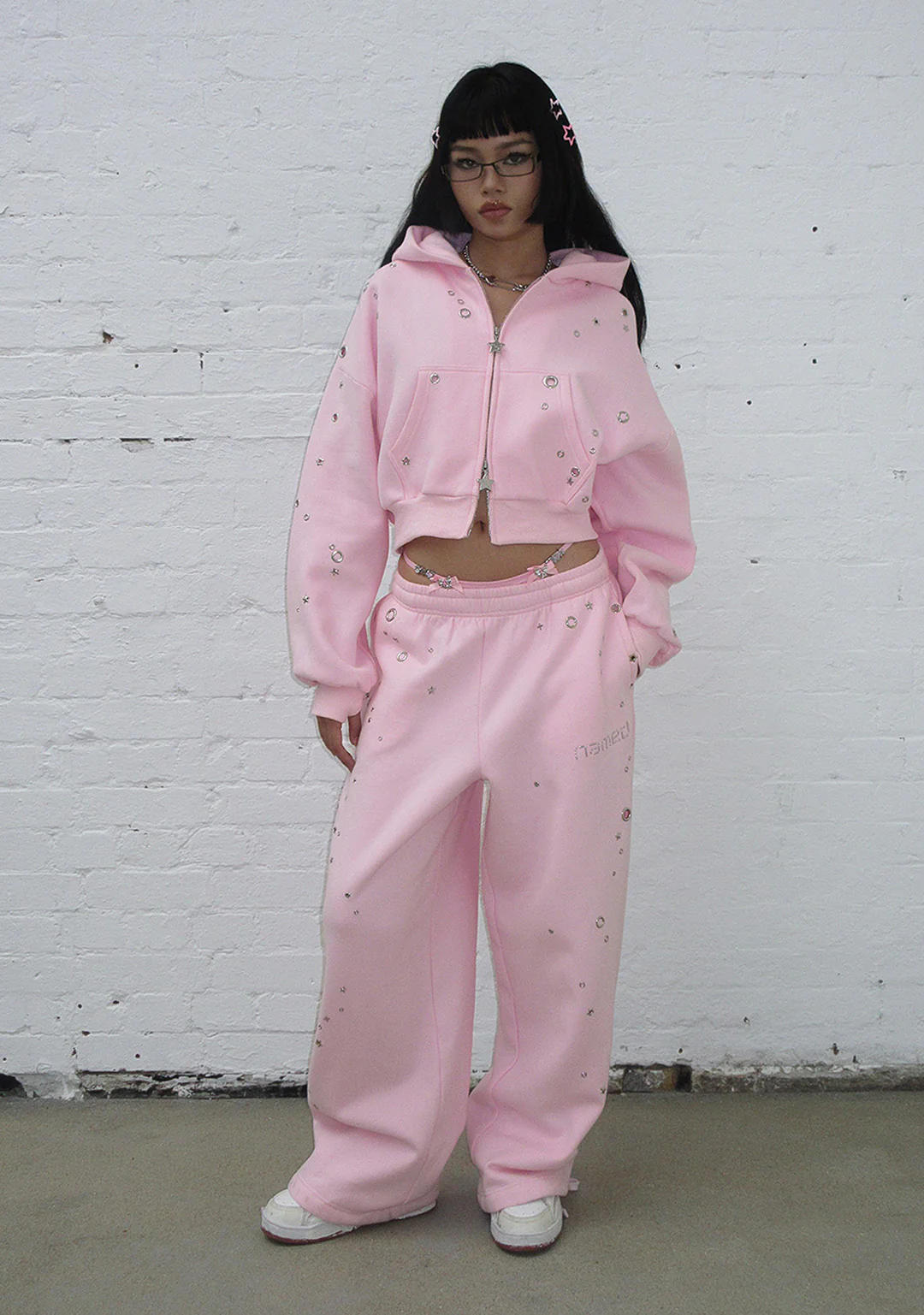 Glithch Eyelet Oversize Pink Eşofman Takımı