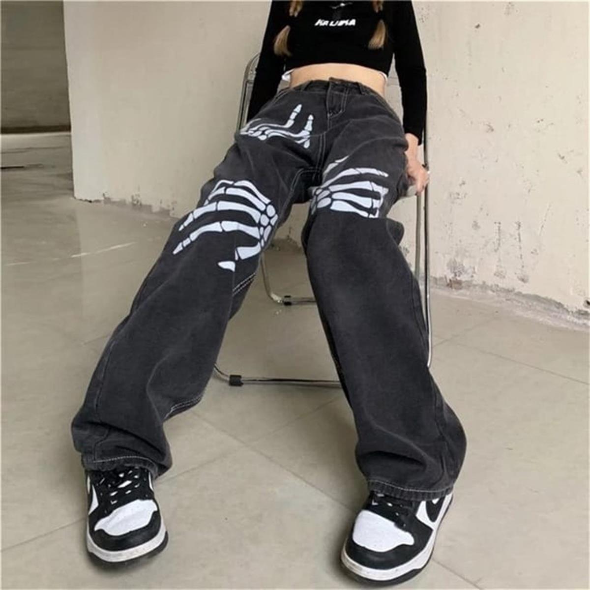 Gothic Skeleton Hand Baskılı Unisex Bol Paça Koyu Gri Pantolon