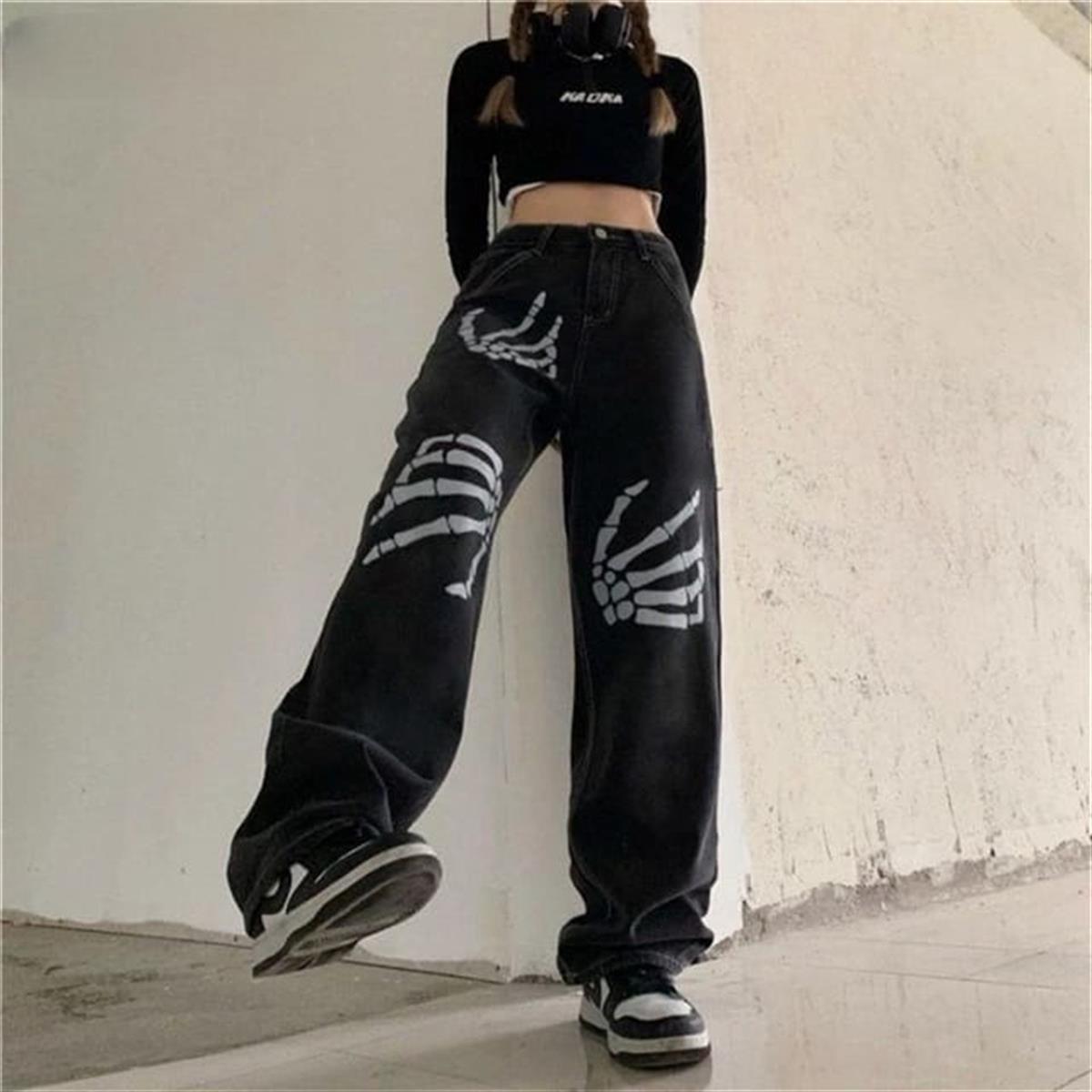 Gothic Skeleton Hand Baskılı Unisex Bol Paça Koyu Gri Pantolon
