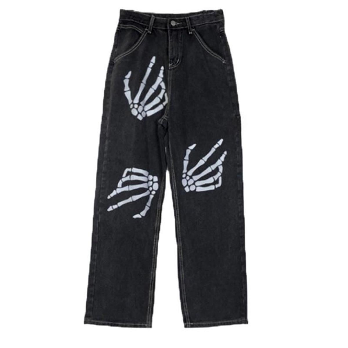 Gothic Skeleton Hand Baskılı Unisex Bol Paça Koyu Gri Pantolon