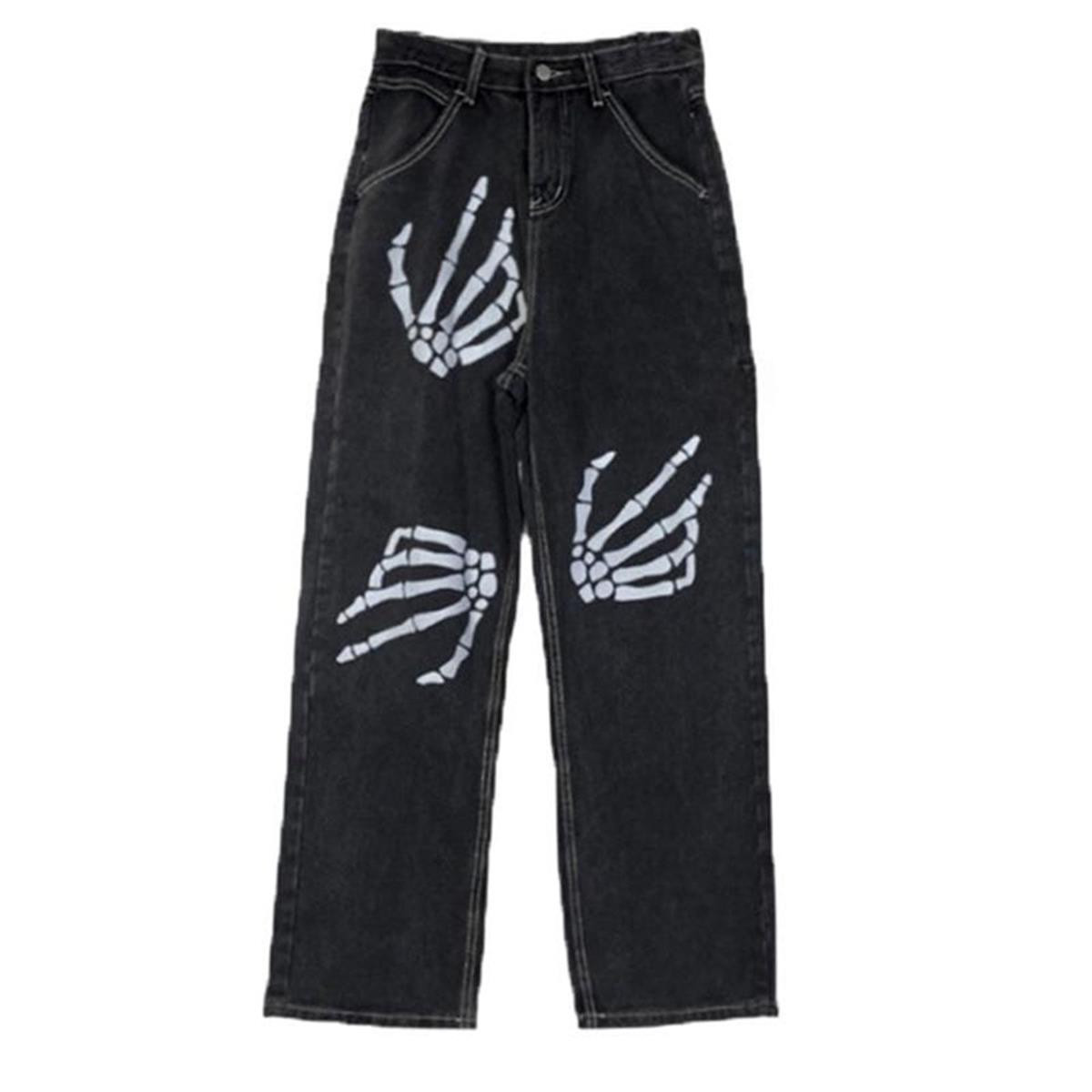 Gothic Skeleton Hand Baskılı Unisex Bol Paça Koyu Gri Pantolon