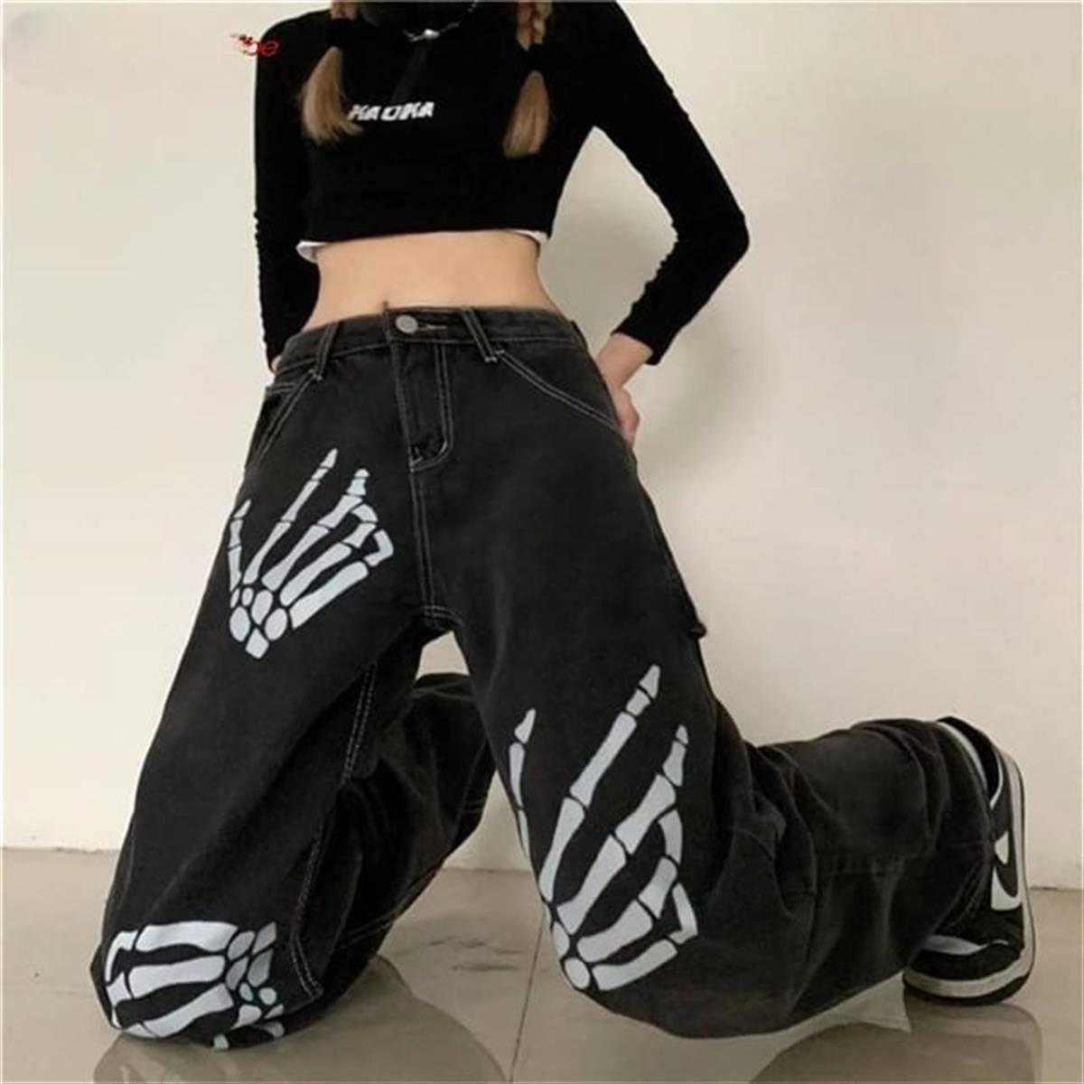 Gothic Skeleton Hand Baskılı Unisex Bol Paça Koyu Gri Pantolon