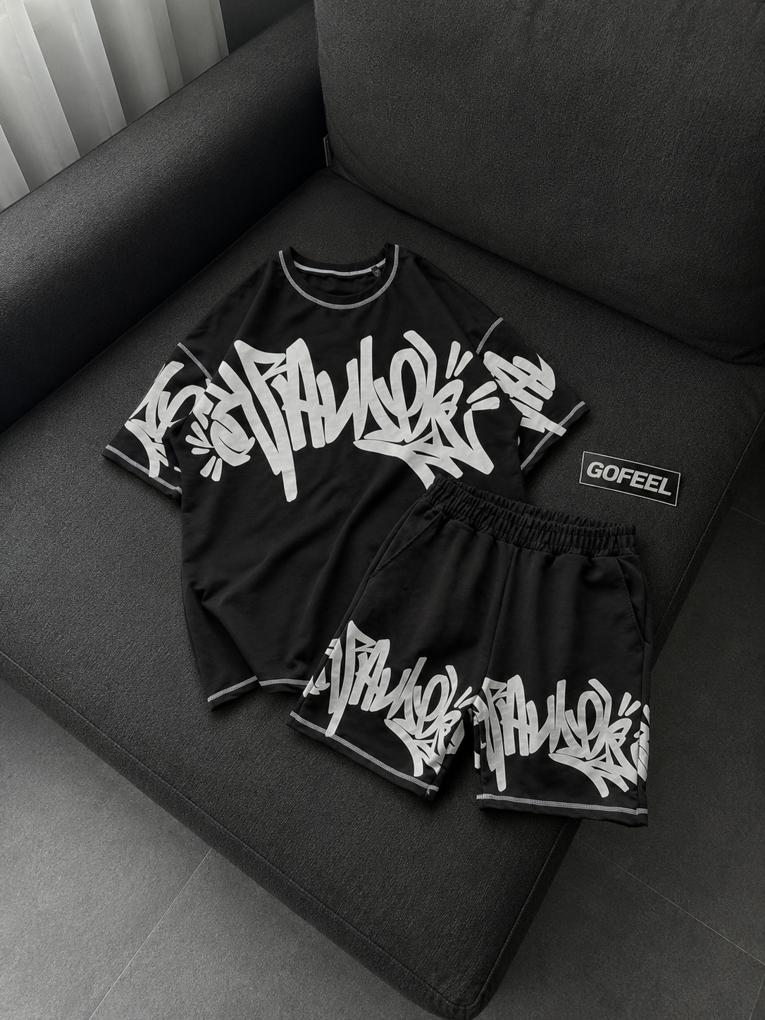 Graffiti Siyah Unisex T-shirt & Şort Takım