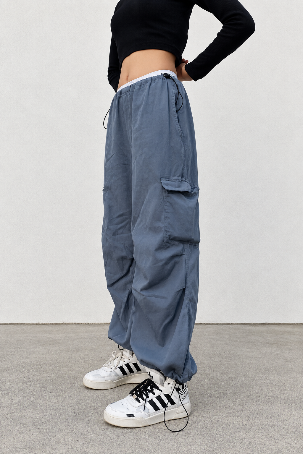 Grey Tactical Kargo Cepli Bel ve Paça Ayarlanabilir  Gabardin Paraşüt Oversize Gri Pantolon