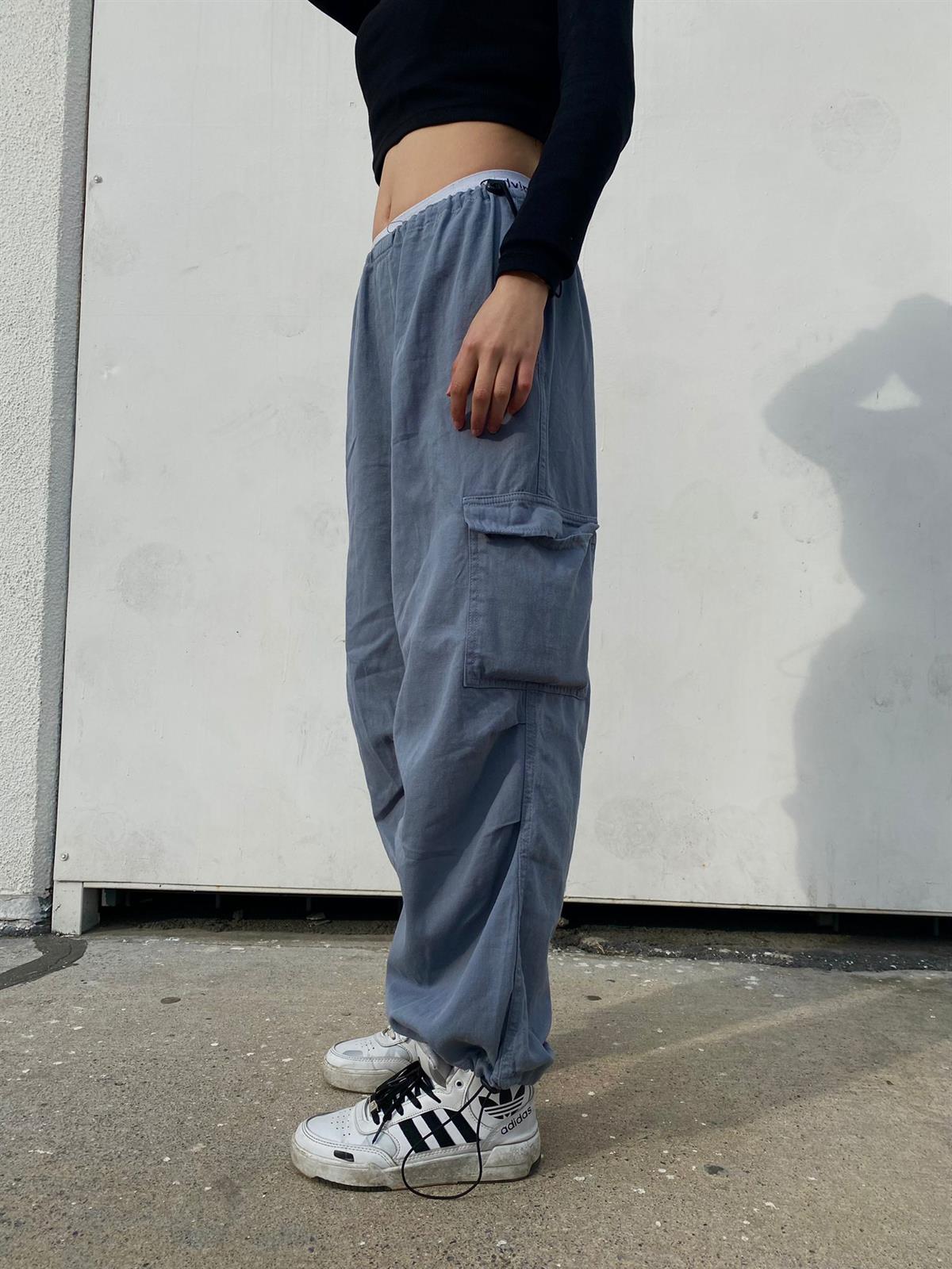 Grey Tactical Kargo Cepli Bel ve Paça Ayarlanabilir  Gabardin Paraşüt Oversize Gri Pantolon