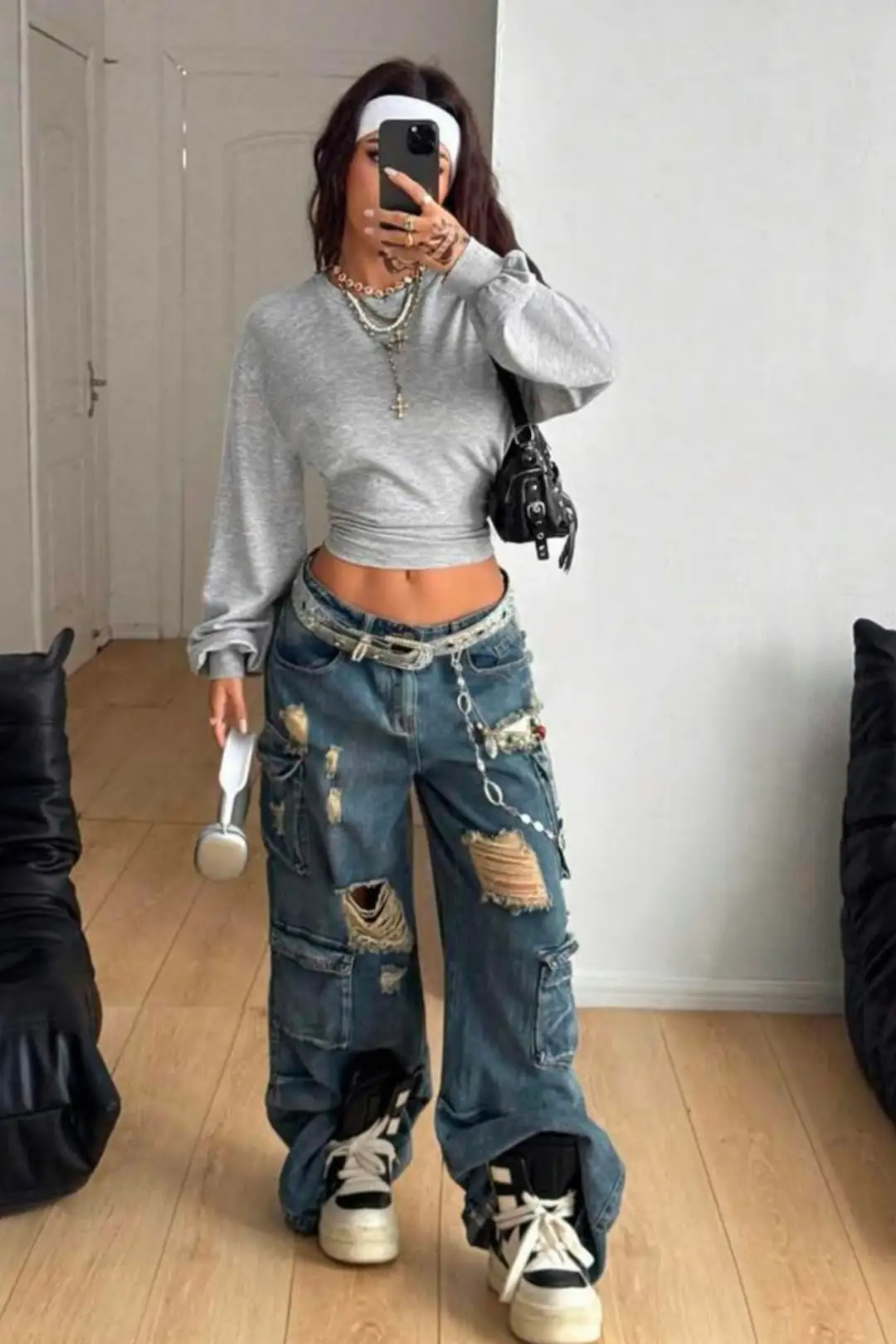 Gri Melanj LOOC Corset Uzun Kollu Beli Büzgülü Bluz