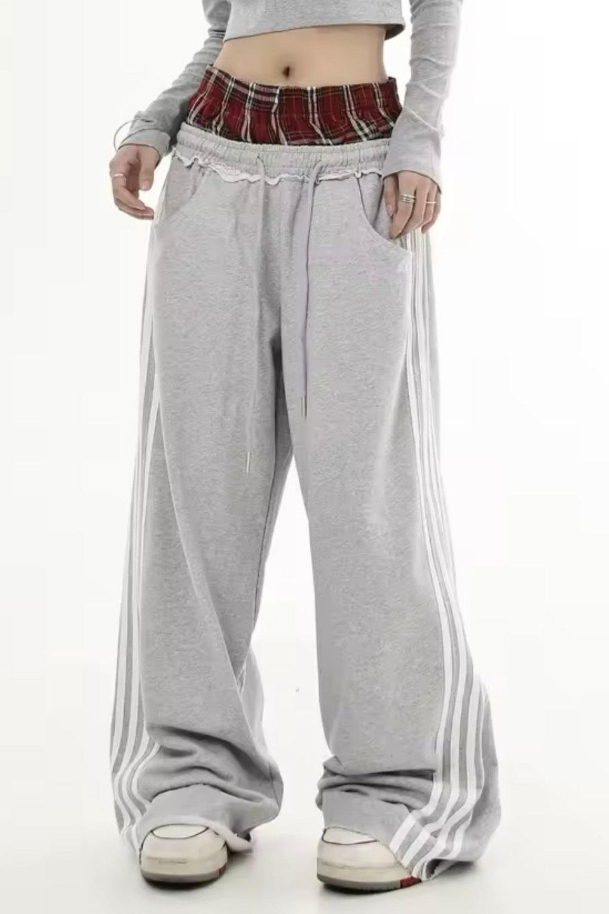 Gri Melanj Şeritli Fake Boxer Eşofman