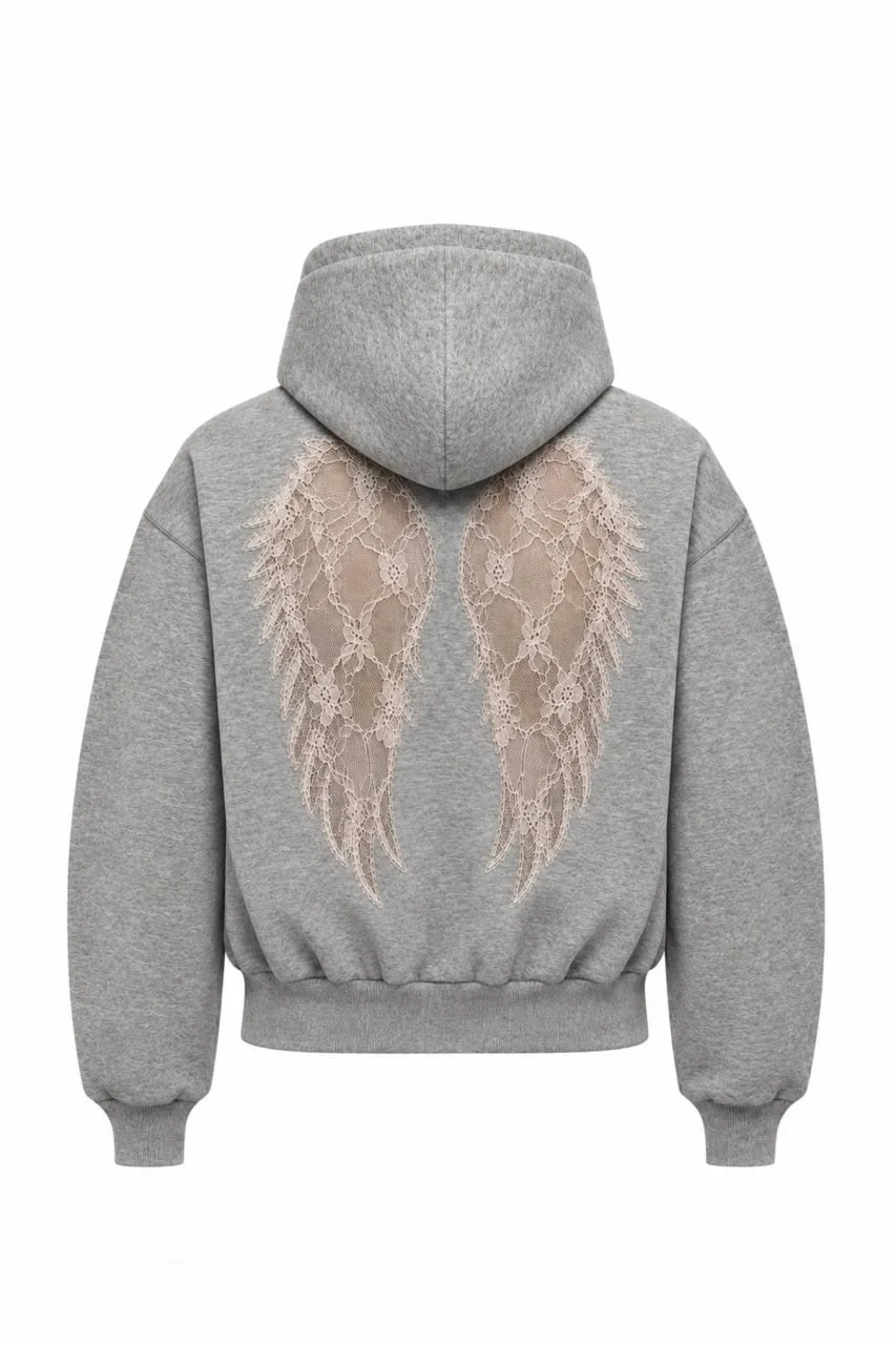 Gri Wings Sırt Dantel Detaylı Oversize Sweatshirt