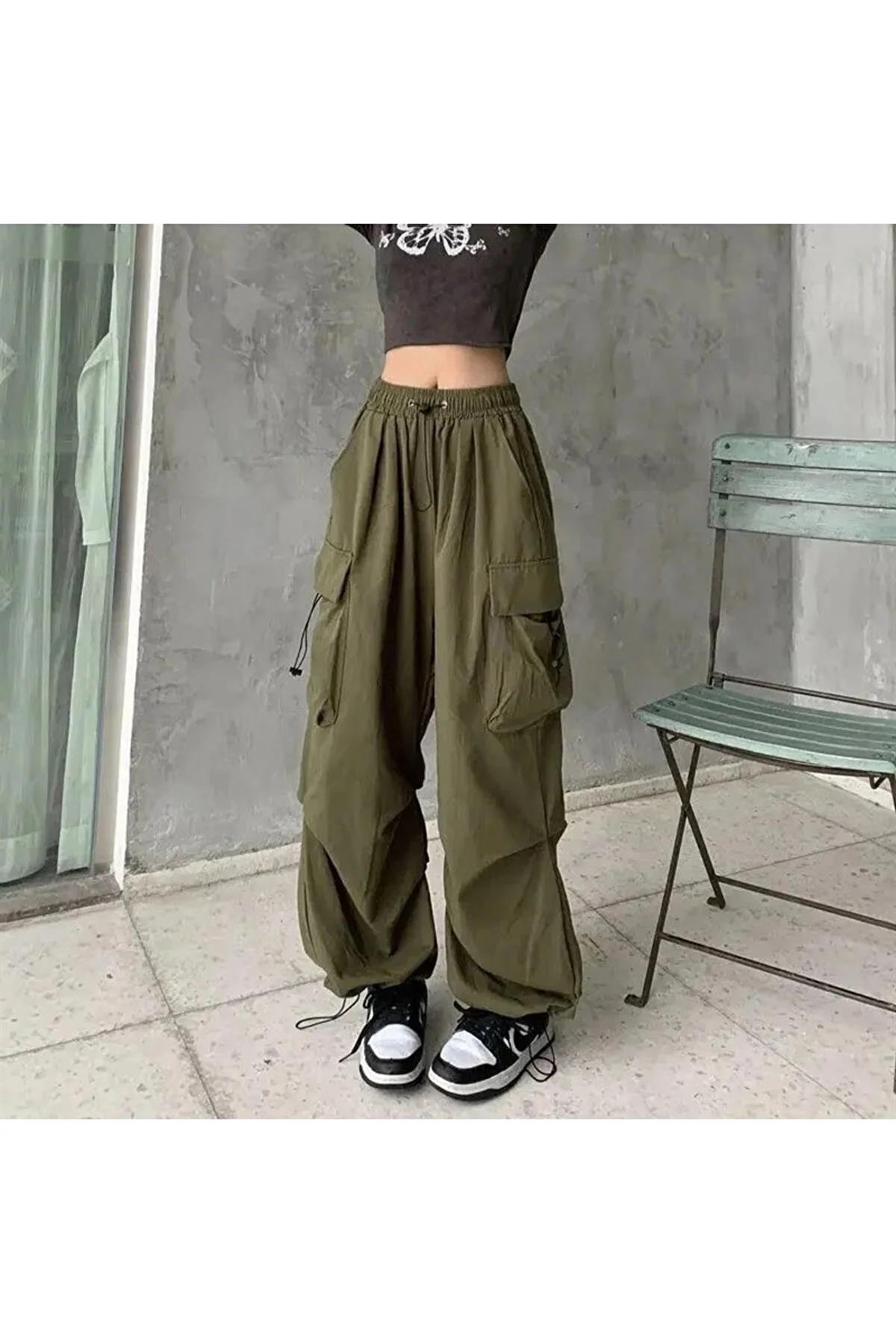 Haki Renkli Tactical Kargo Cepli Lastikli Bol Kalıp Baggy Oversize Pantolon 