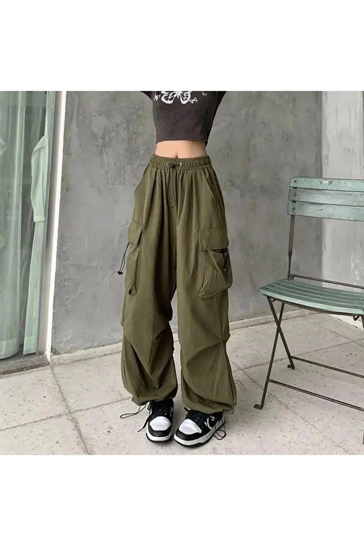 Haki Renkli Tactical Kargo Cepli Lastikli Bol Kalıp Baggy Oversize Pantolon 