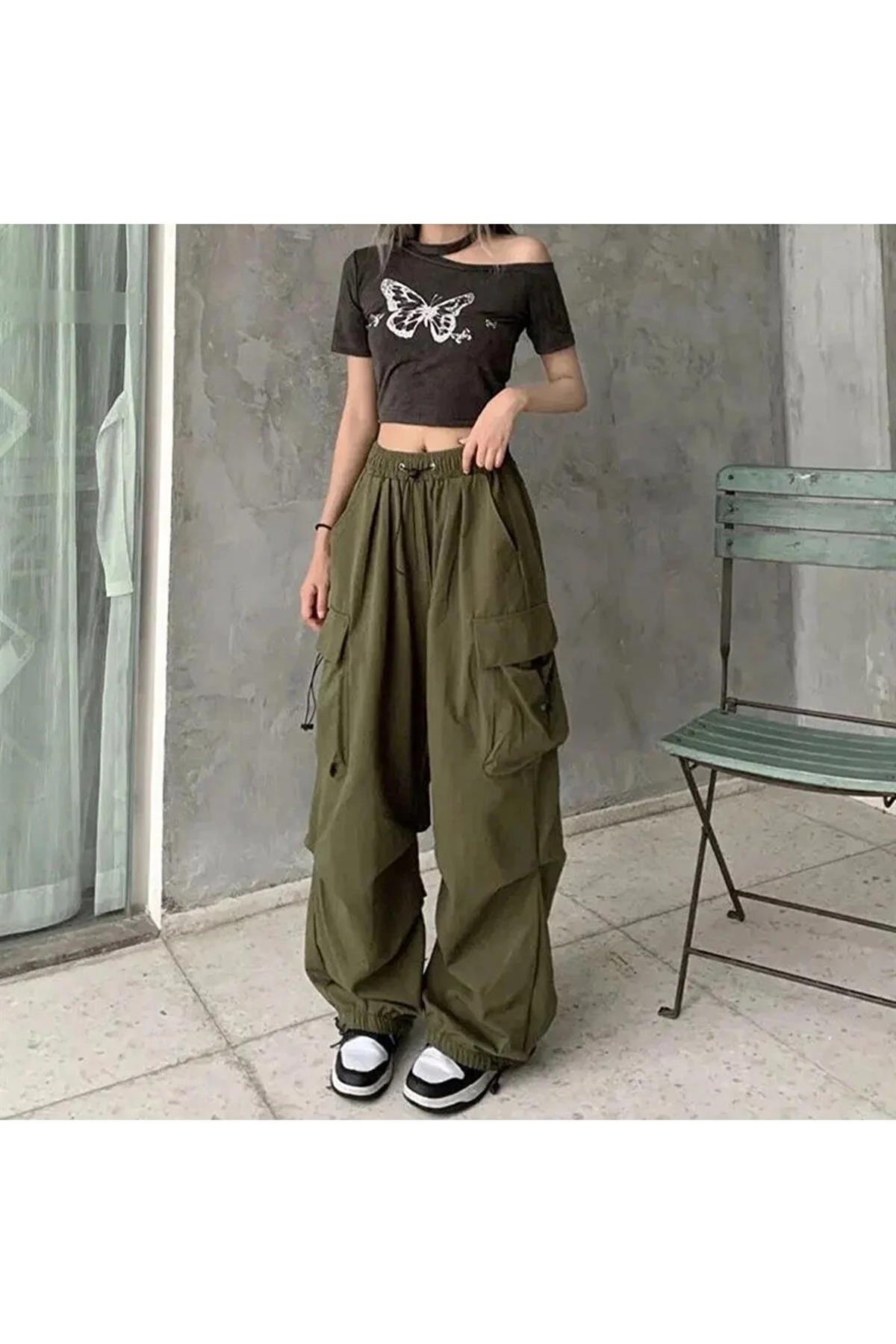 Haki Renkli Tactical Kargo Cepli Lastikli Bol Kalıp Baggy Oversize Pantolon 