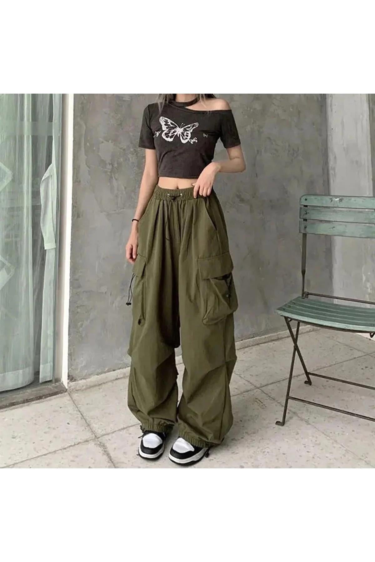 Haki Renkli Tactical Kargo Cepli Lastikli Bol Kalıp Baggy Oversize Pantolon 