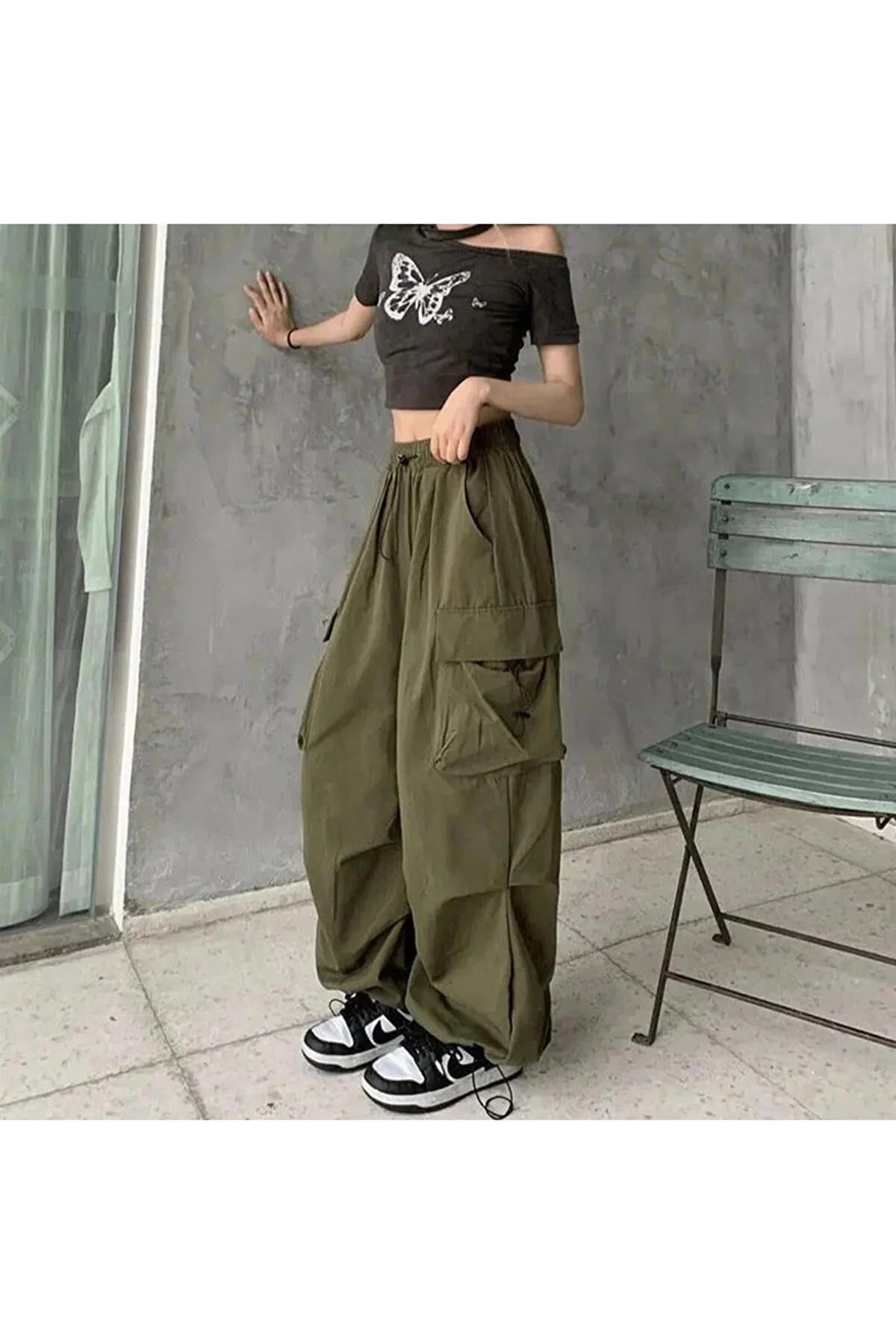 Haki Renkli Tactical Kargo Cepli Lastikli Bol Kalıp Baggy Oversize Pantolon 